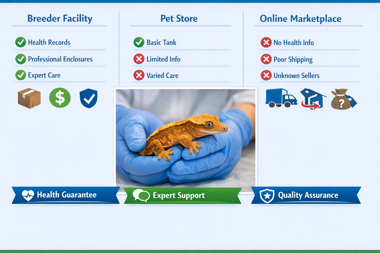 Landscape format (1536x1024) comparison infographic showing three purchasing options side-by-side: specialized breeder facility with profess