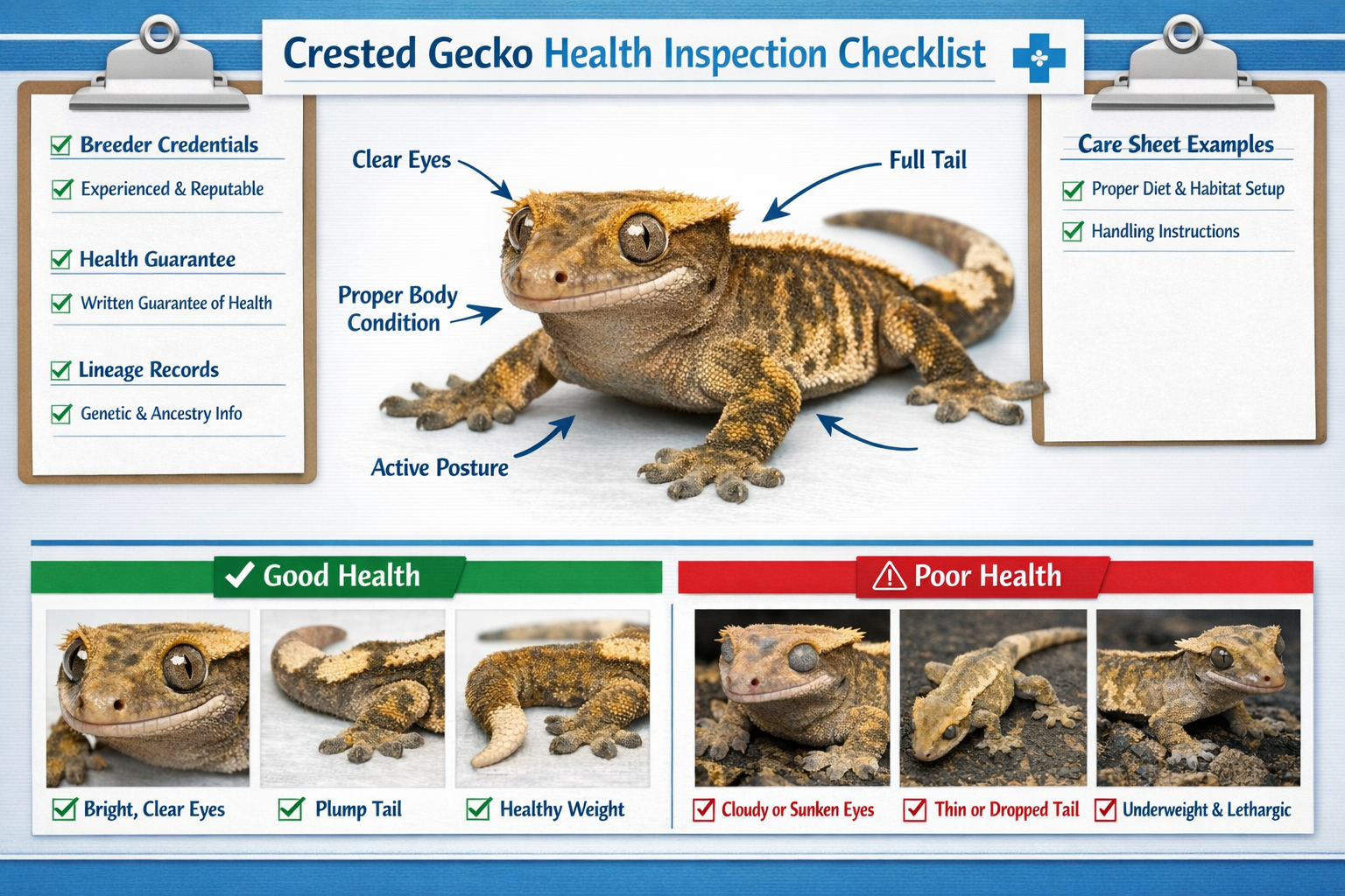 Landscape format (1536x1024) educational infographic showing health inspection checklist for crested geckos. Center features close-up of hea