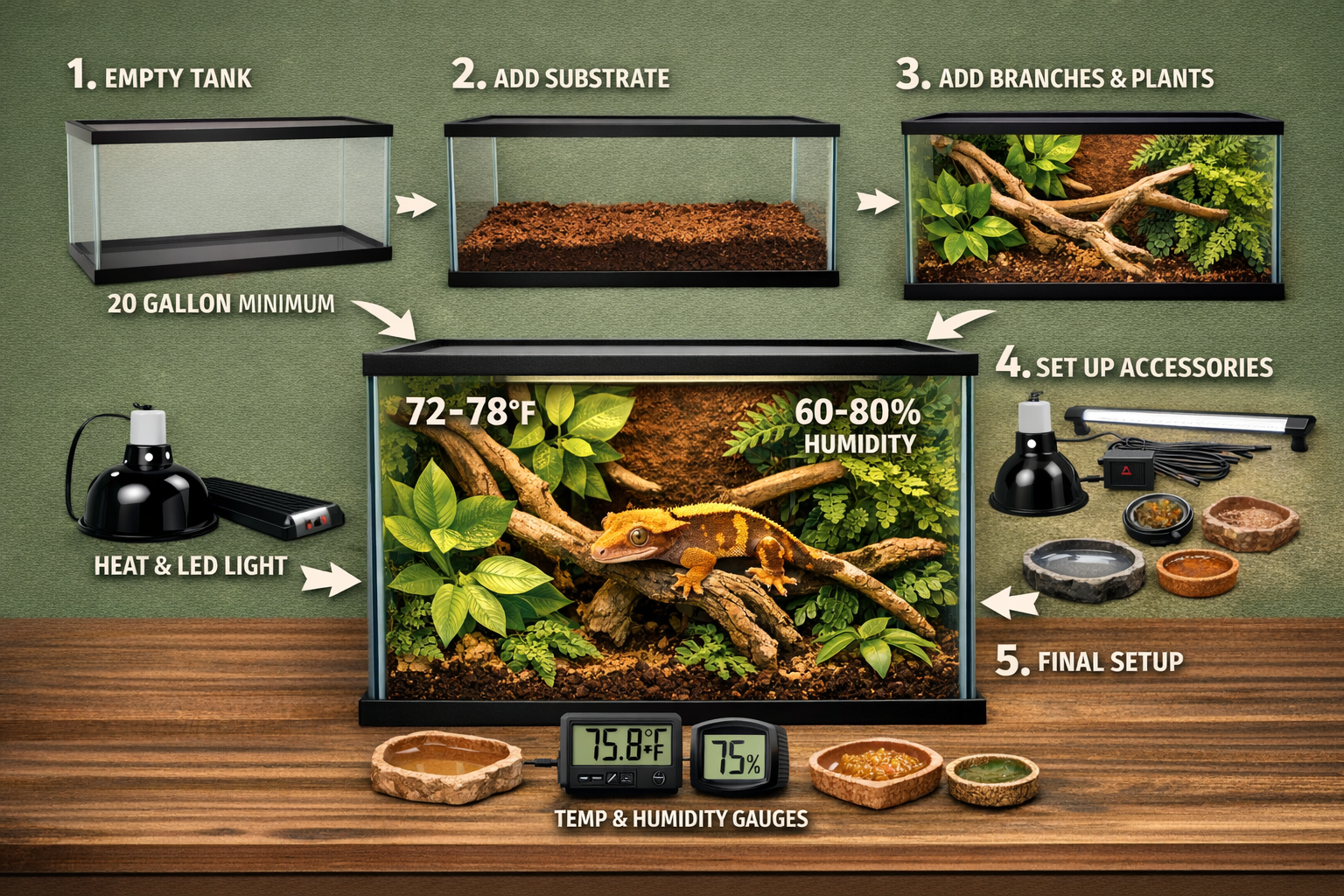 Landscape format (1536x1024) step-by-step habitat setup guide with numbered stages 1-5. Shows progression from empty terrarium to fully equi