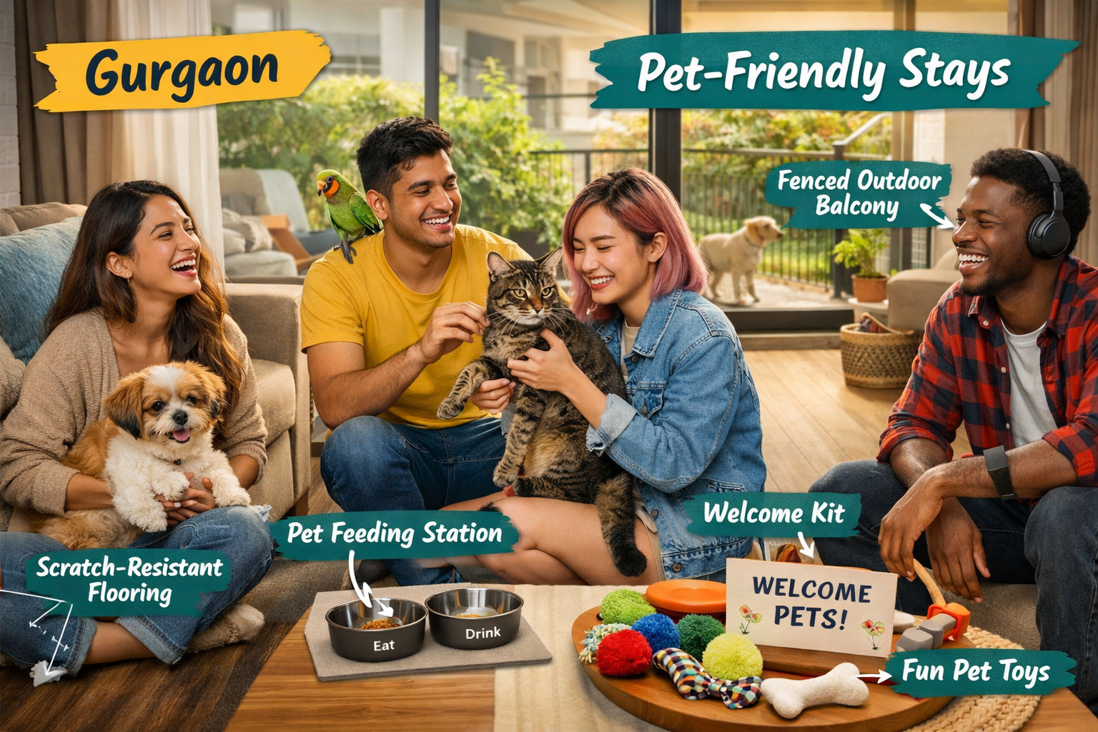 A vibrant landscape format (1536x1024) editorial image showcasing a diverse group of young Gen Z travelers, smiling and interacting with the