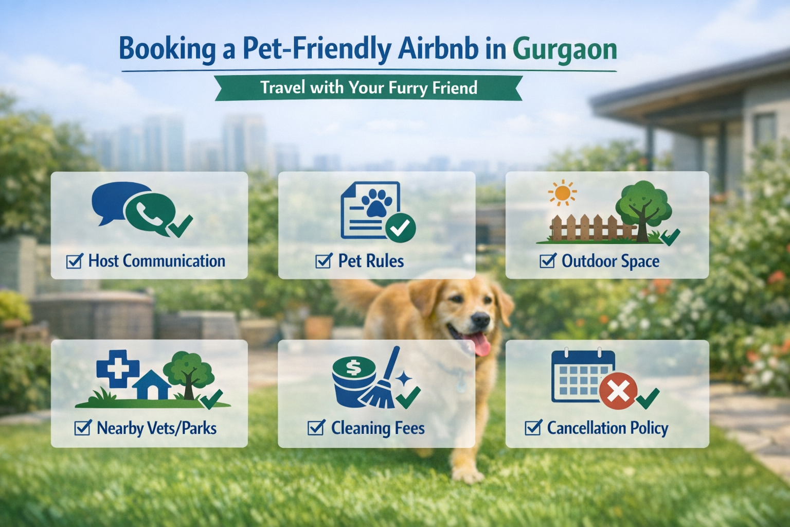A detailed landscape format (1536x1024) infographic-style image illustrating a checklist of essential considerations for booking a pet-frien
