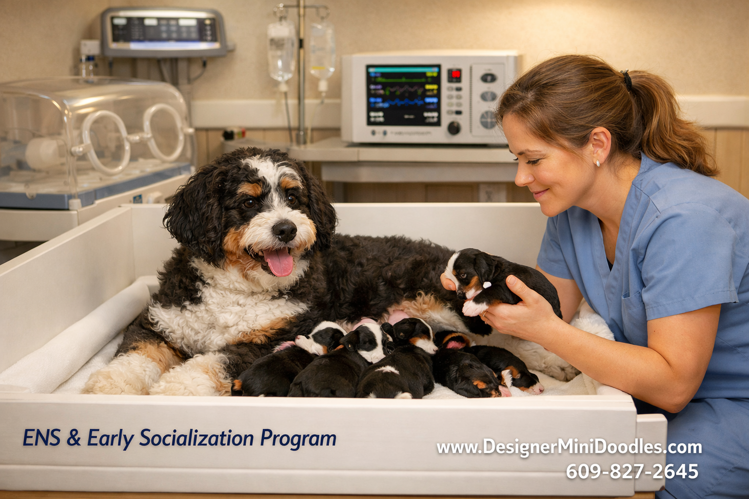 () warm photo-realistic image of a professional whelping room with a mother miniature bernedoodle nursing puppies in a clean