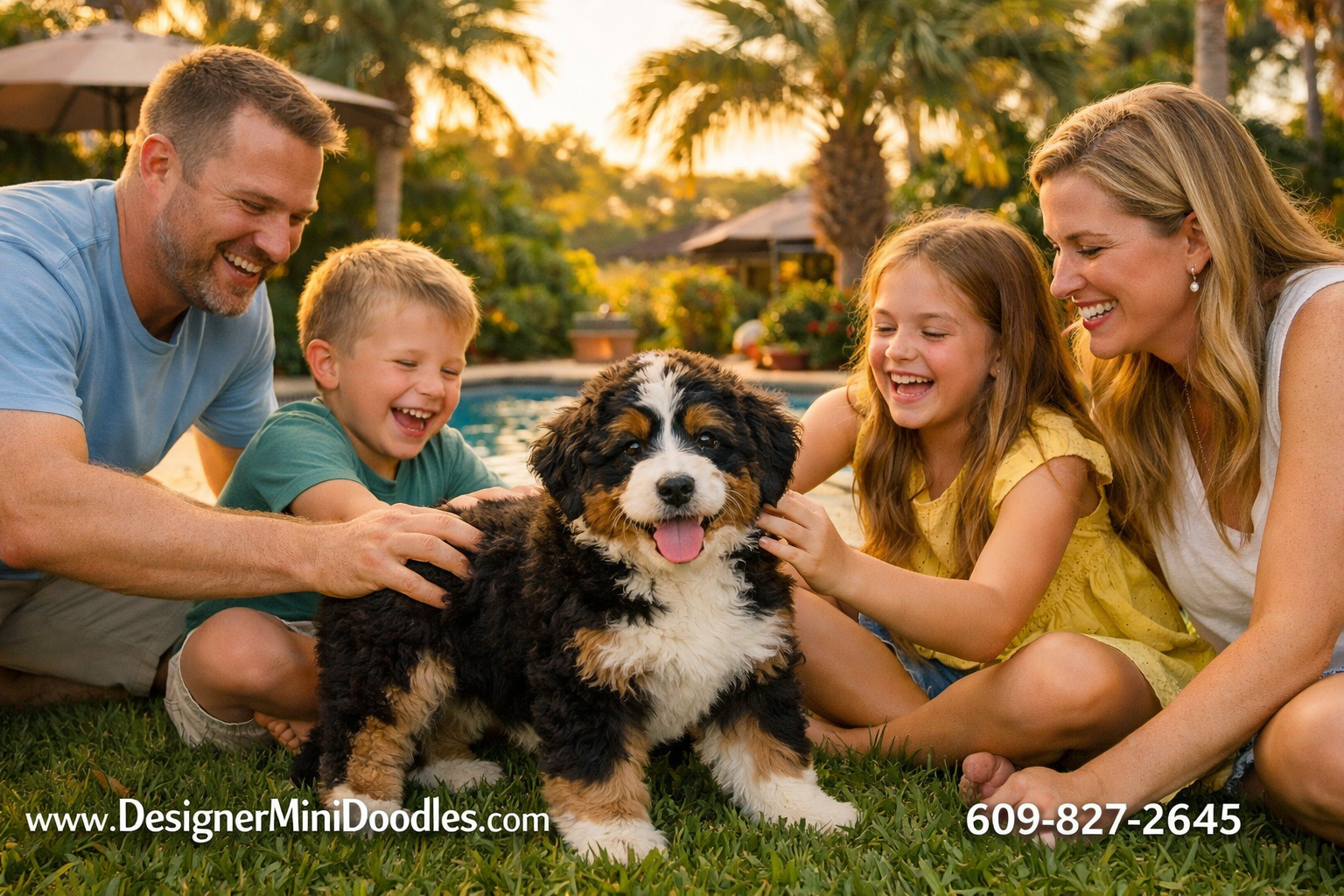 () lifestyle photograph of a happy family playing with a fluffy tri-color miniature bernedoodle puppy in a sunny Orlando