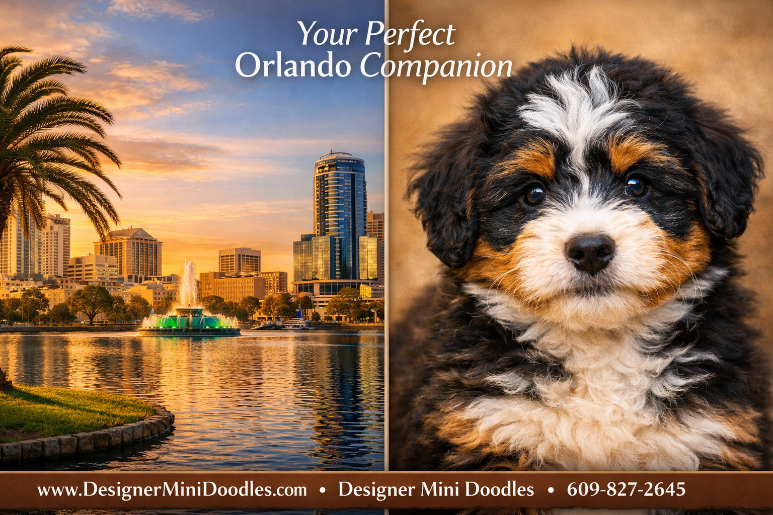 () split-screen comparison image showing Orlando Florida landmarks on the left side including Lake Eola fountain and