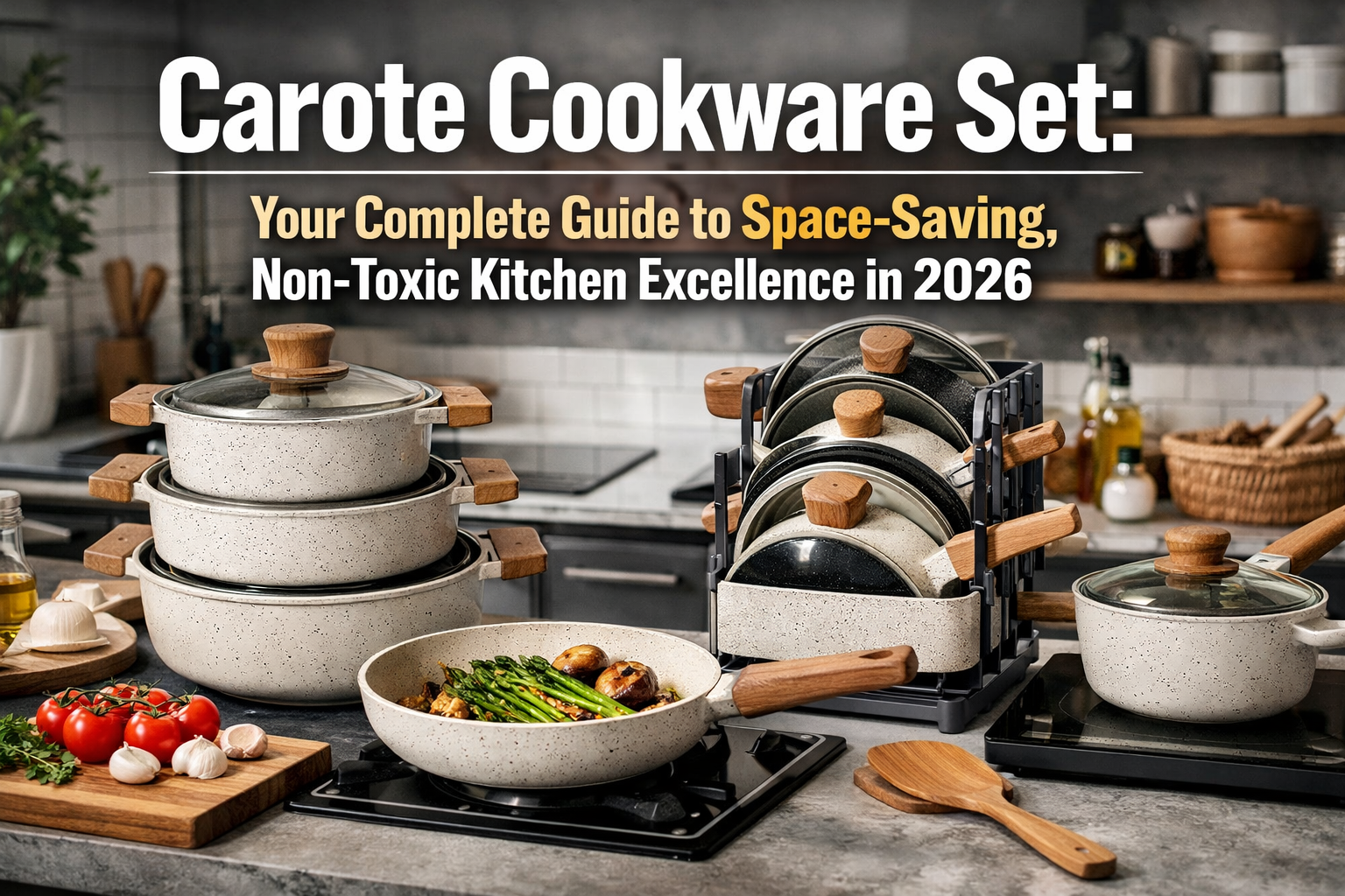 Professional landscape hero image (1536x1024) with bold text overlay: "Carote Cookware Set: Your Complete Guide to Space-Saving, Non-Toxic K