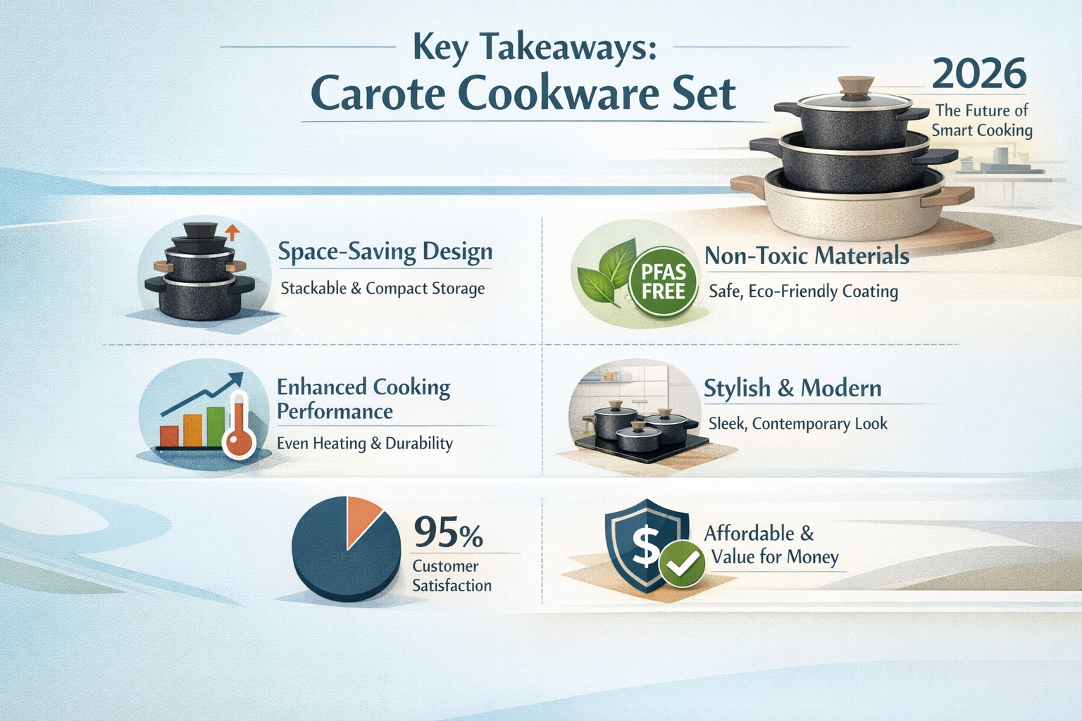 Professional landscape infographic (1536x1024) for article "Carote Cookware Set: Your Complete Guide to Space-Saving, Non-Toxic Kitchen Exce