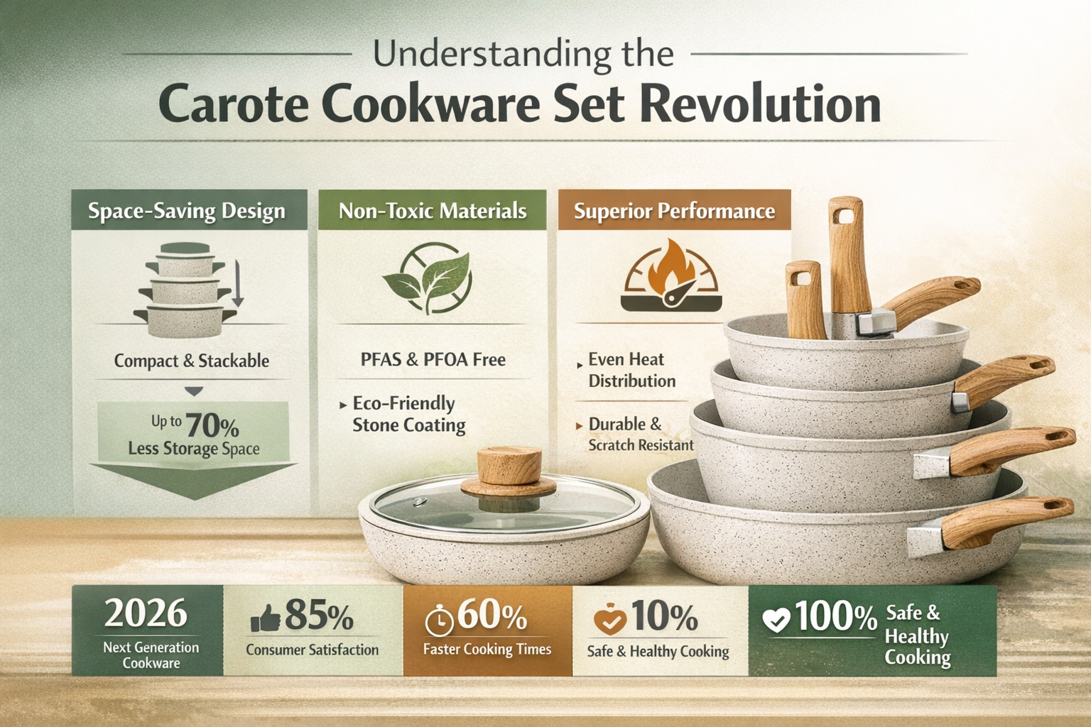 Professional landscape infographic (1536x1024) for article "Carote Cookware Set: Your Complete Guide to Space-Saving, Non-Toxic Kitchen Exce