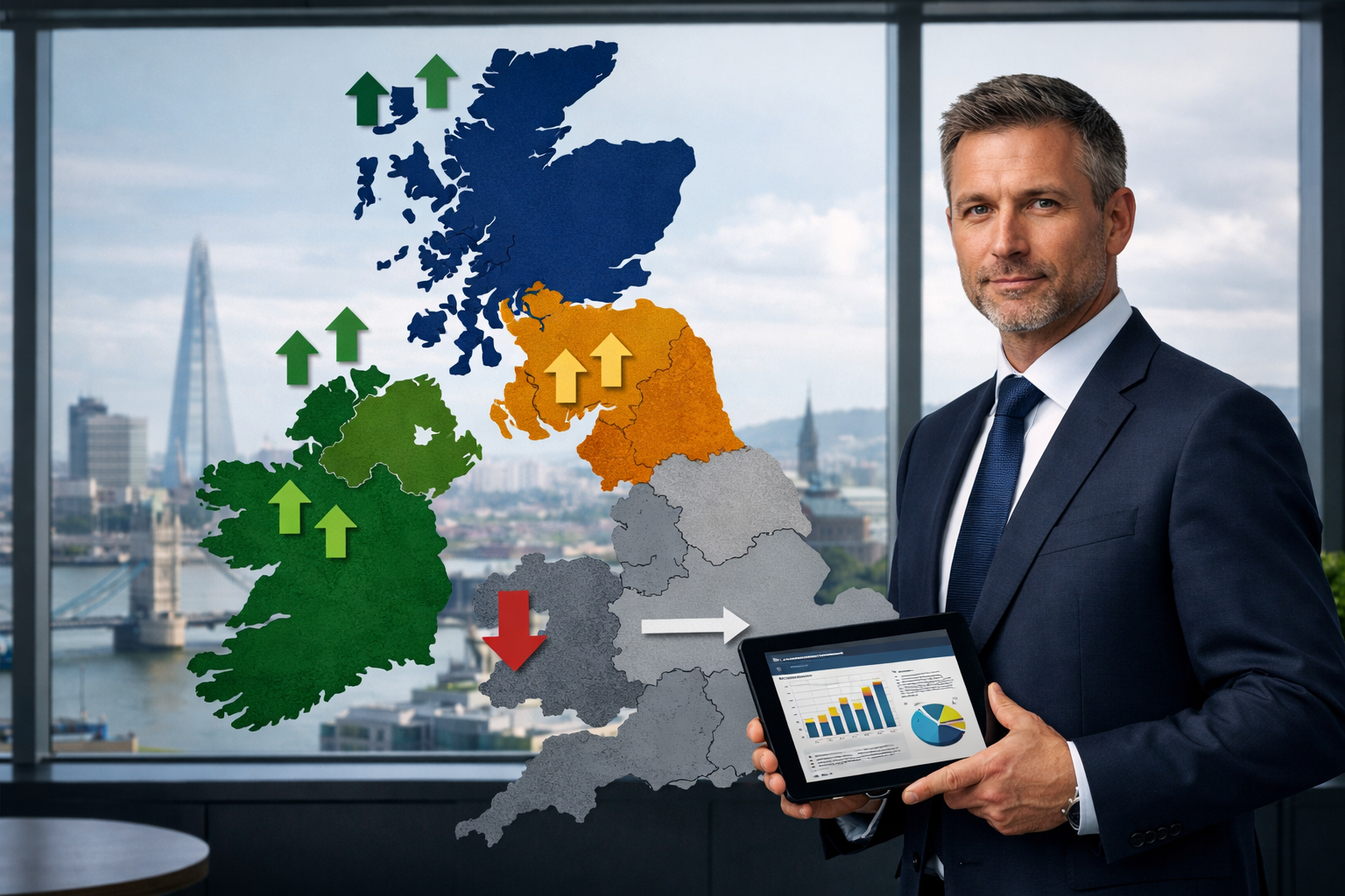 Professional landscape format (1536x1024) editorial hero image showing a detailed UK map with distinct color-coded regions highlighting Scot