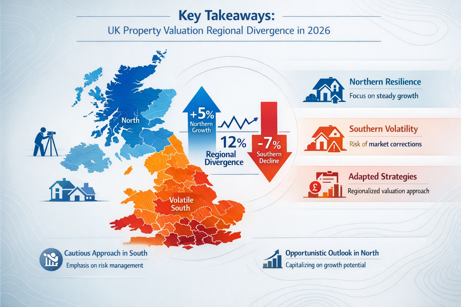 Key Takeaways section infographic visualizing UK property valuation regional divergence for 2026, featuring a stylized map of the United Kin