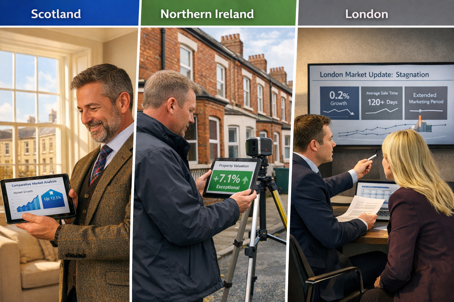Landscape format (1536x1024) professional composite image showing three distinct surveyor scenarios across UK regions. First panel: Scottish