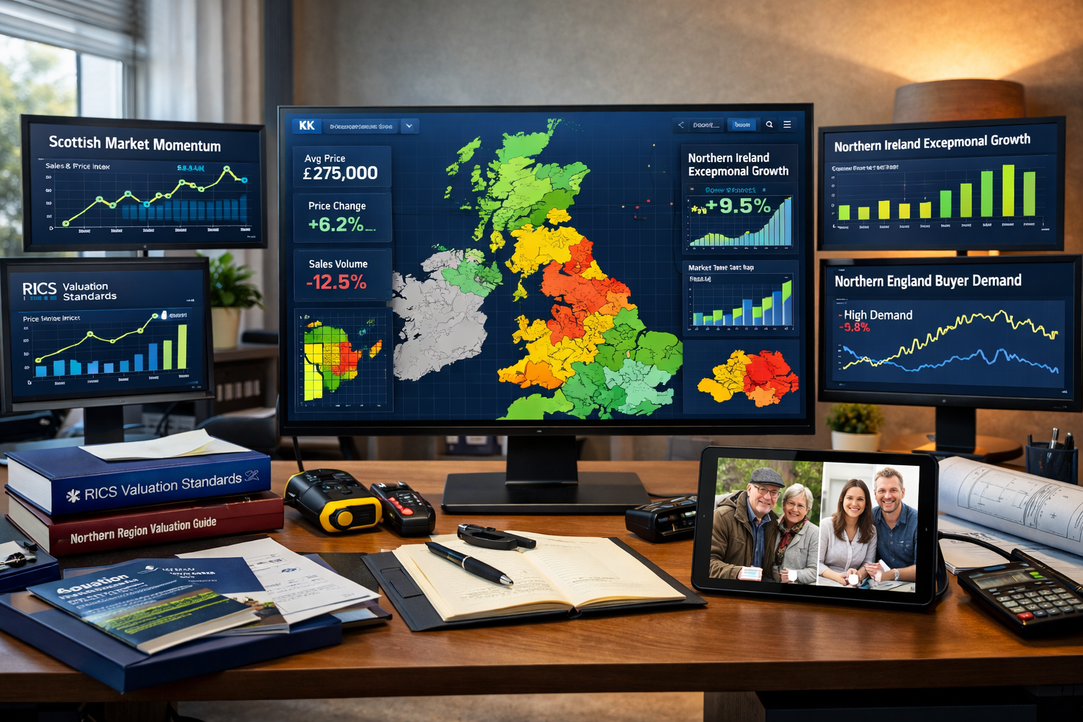 Detailed landscape format (1536x1024) conceptual business image showing a professional surveyor's workspace with multiple screens displaying