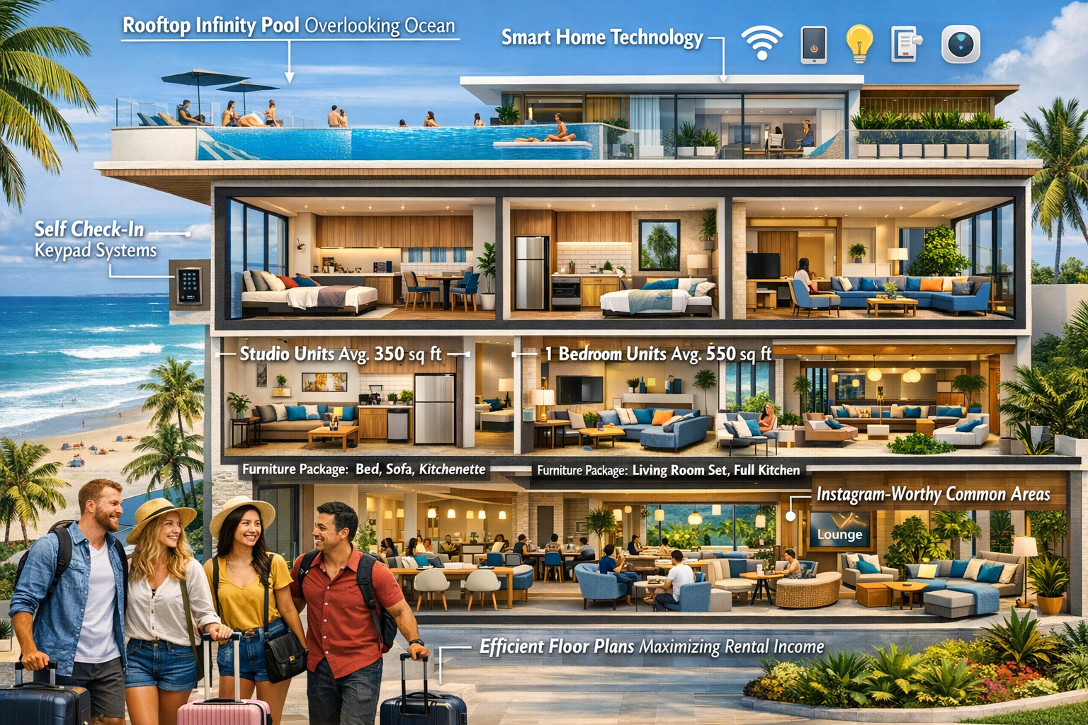 Landscape format (1536x1024) architectural rendering showing modern Airbnb-optimized coastal condominium development with specific design fe