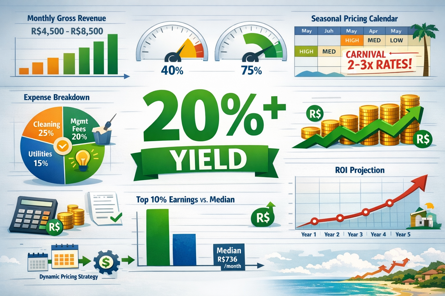Landscape format (1536x1024) detailed financial dashboard visualization displaying comprehensive Airbnb rental yield calculations for Brazil