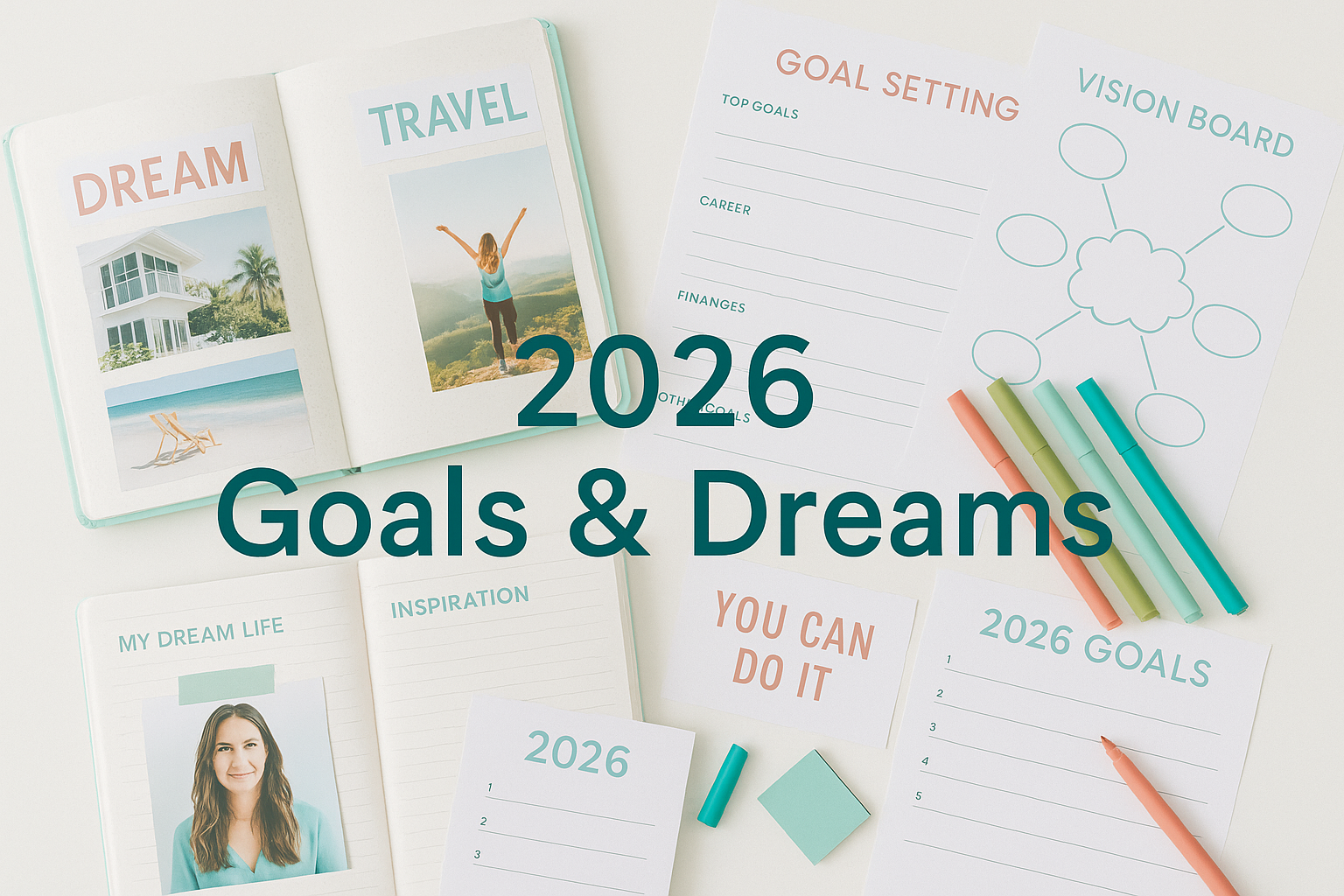Aspirational lifestyle image (1536x1024) featuring vision board creation scene with journal pages, goal-setting worksheets, motivational quo