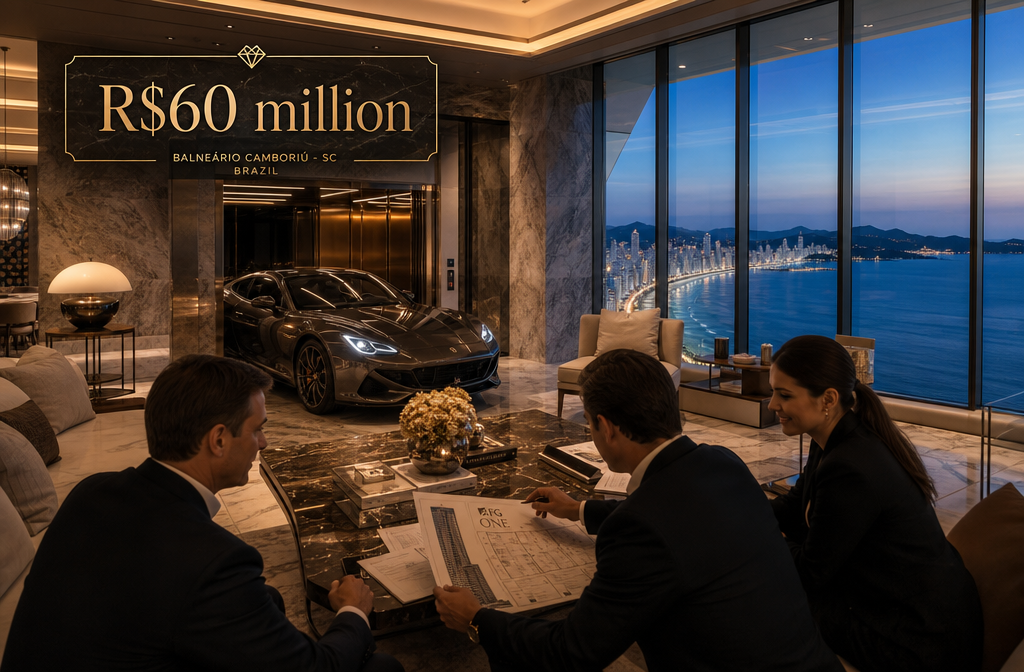 () luxury real estate sales floor scene showing an ultra-premium penthouse interior inside a supertall tower with