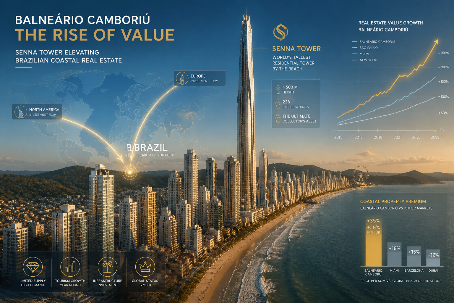 () wide-angle aerial drone shot looking down Balneário Camboriú's beachfront boulevard at golden hour, showing multiple