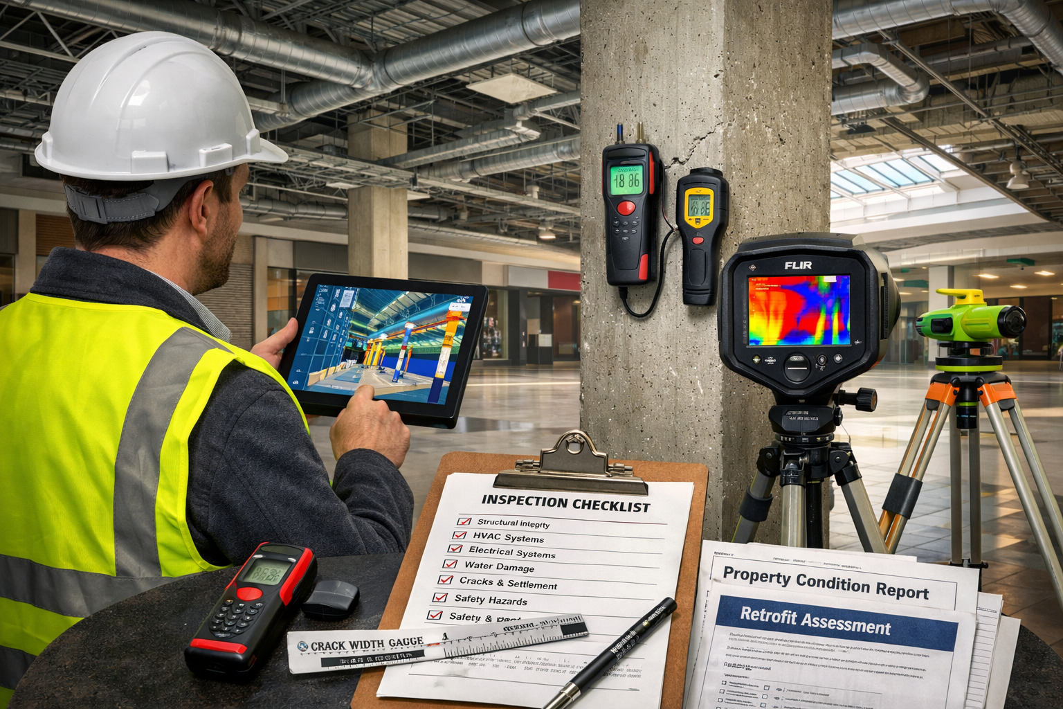 Landscape format (1536x1024) detailed image showing chartered surveyor conducting comprehensive structural audit inside vacant shopping cent