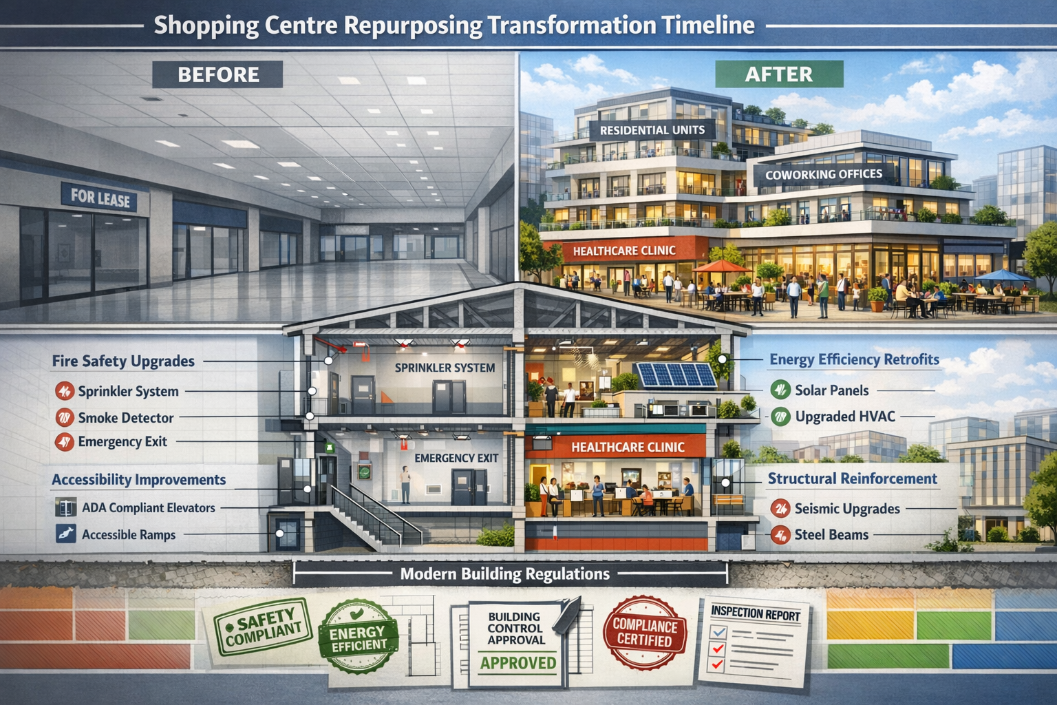 Landscape format (1536x1024) professional infographic-style image displaying shopping centre repurposing transformation timeline, split-scre