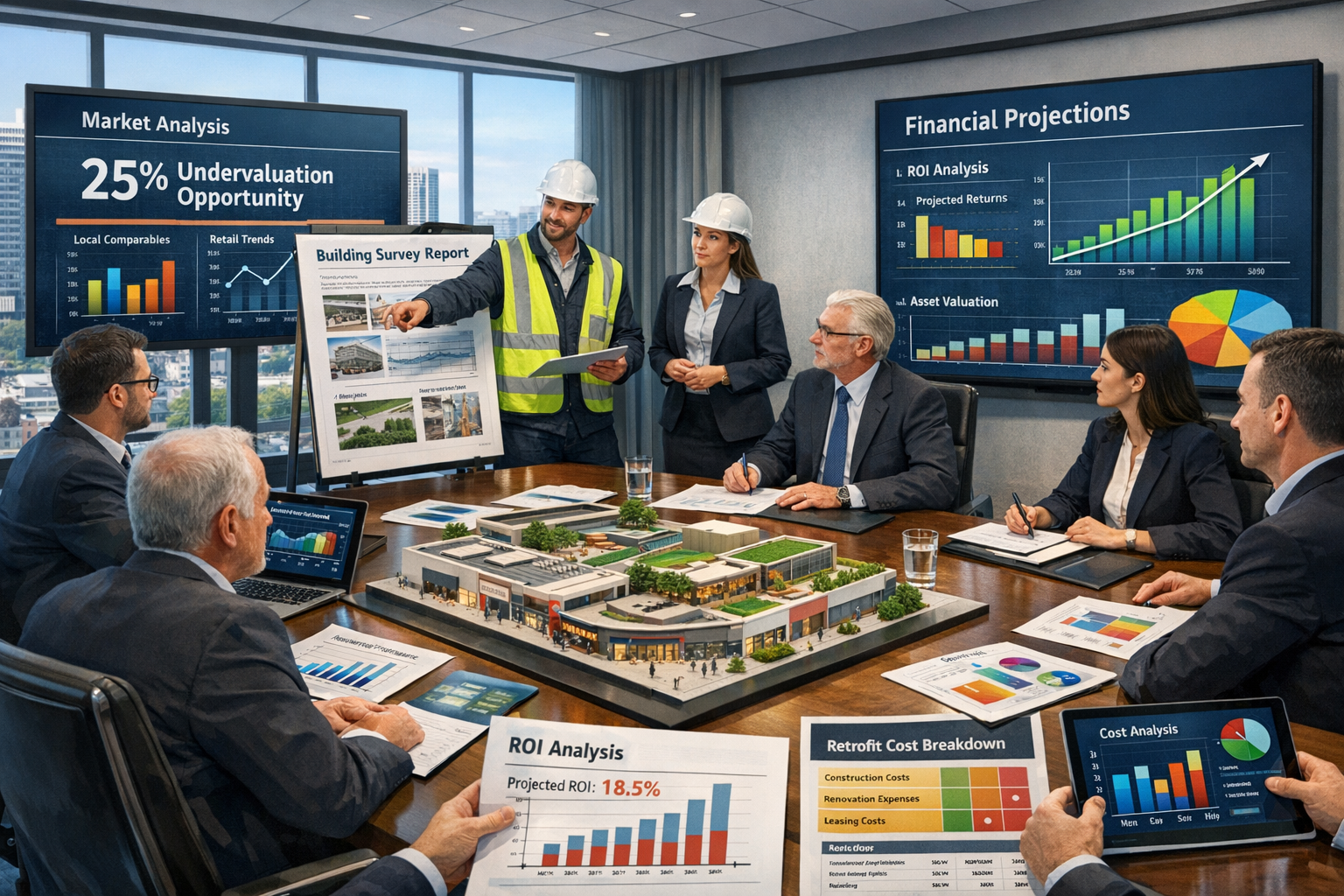 Landscape format (1536x1024) compelling visualization of investor-led shopping centre redevelopment project showing financial value capture