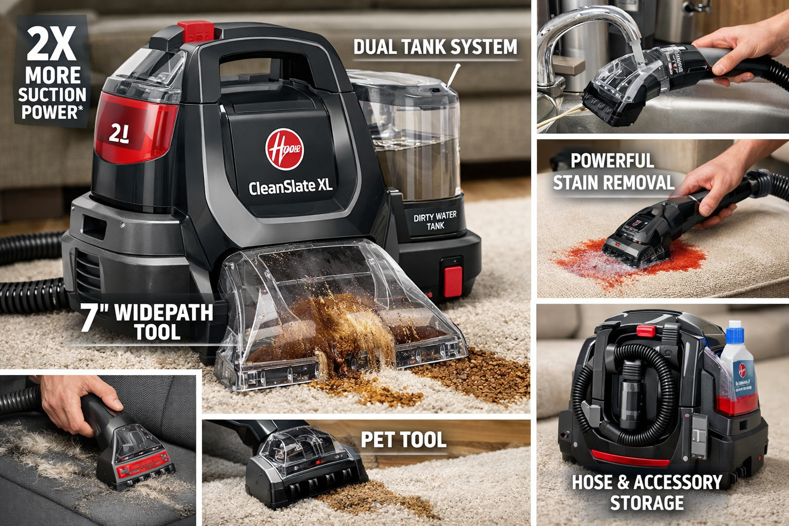 detailed showcase of Hoover CleanSlate XL Deep Cleaning Carpet + Upholstery Spot Cleaner highlighting key features in action