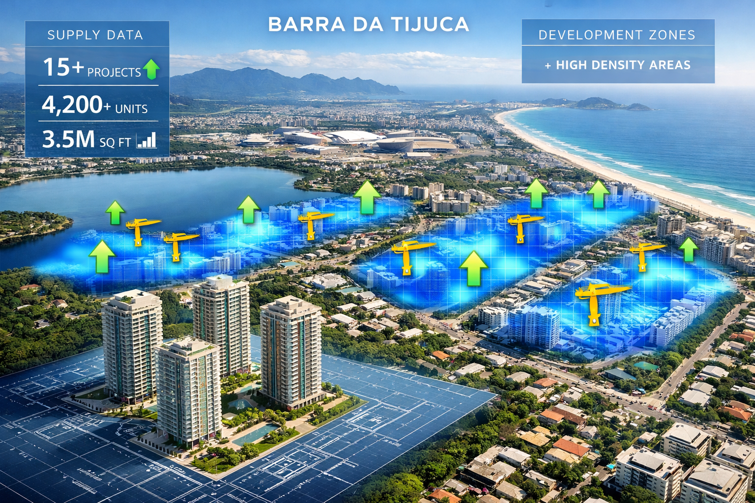 () image depicting Barra da Tijuca neighborhood aerial perspective with multiple construction sites marked with yellow crane