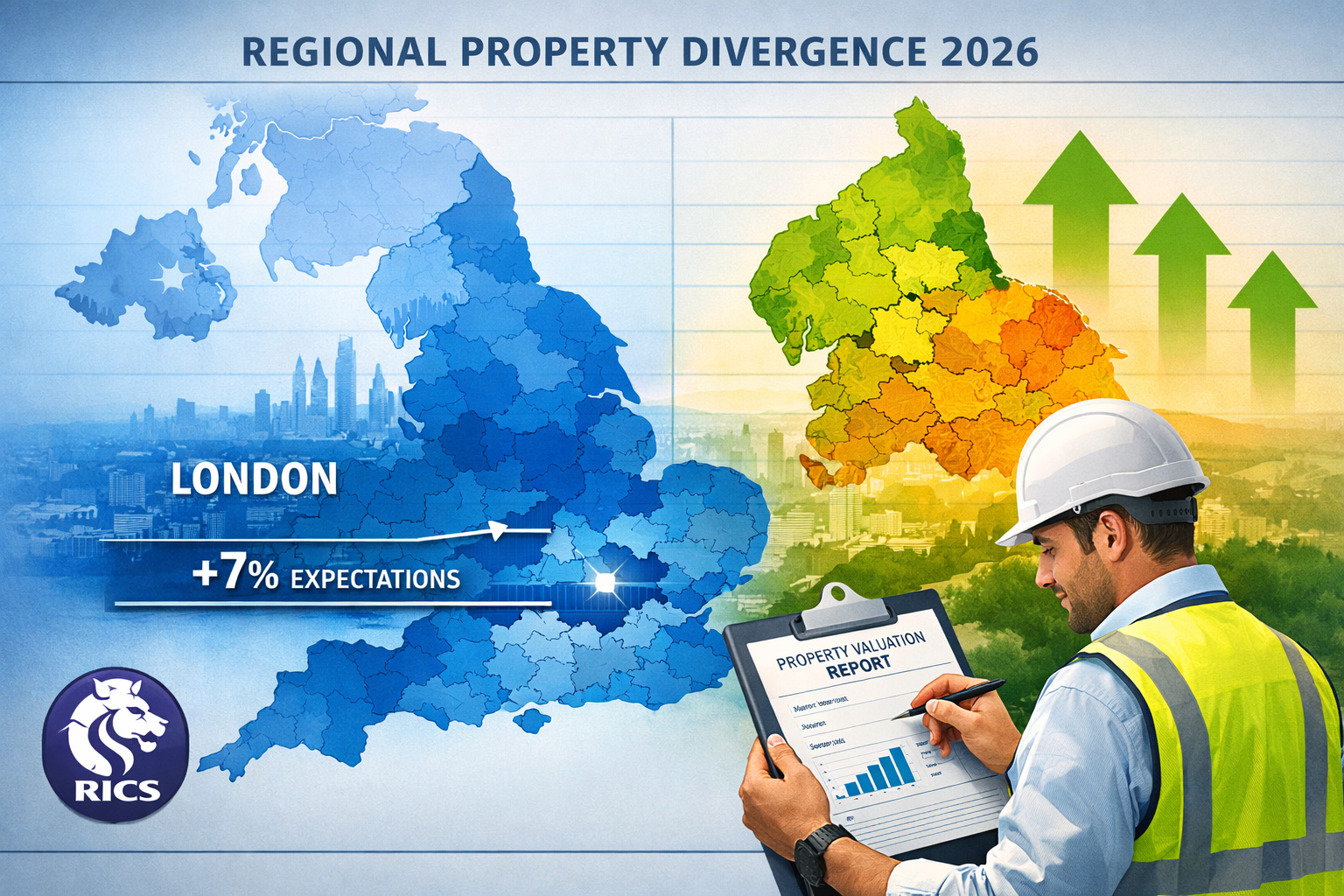 Detailed () infographic-style image showing a split UK map with regional property price divergence data visualized as heat
