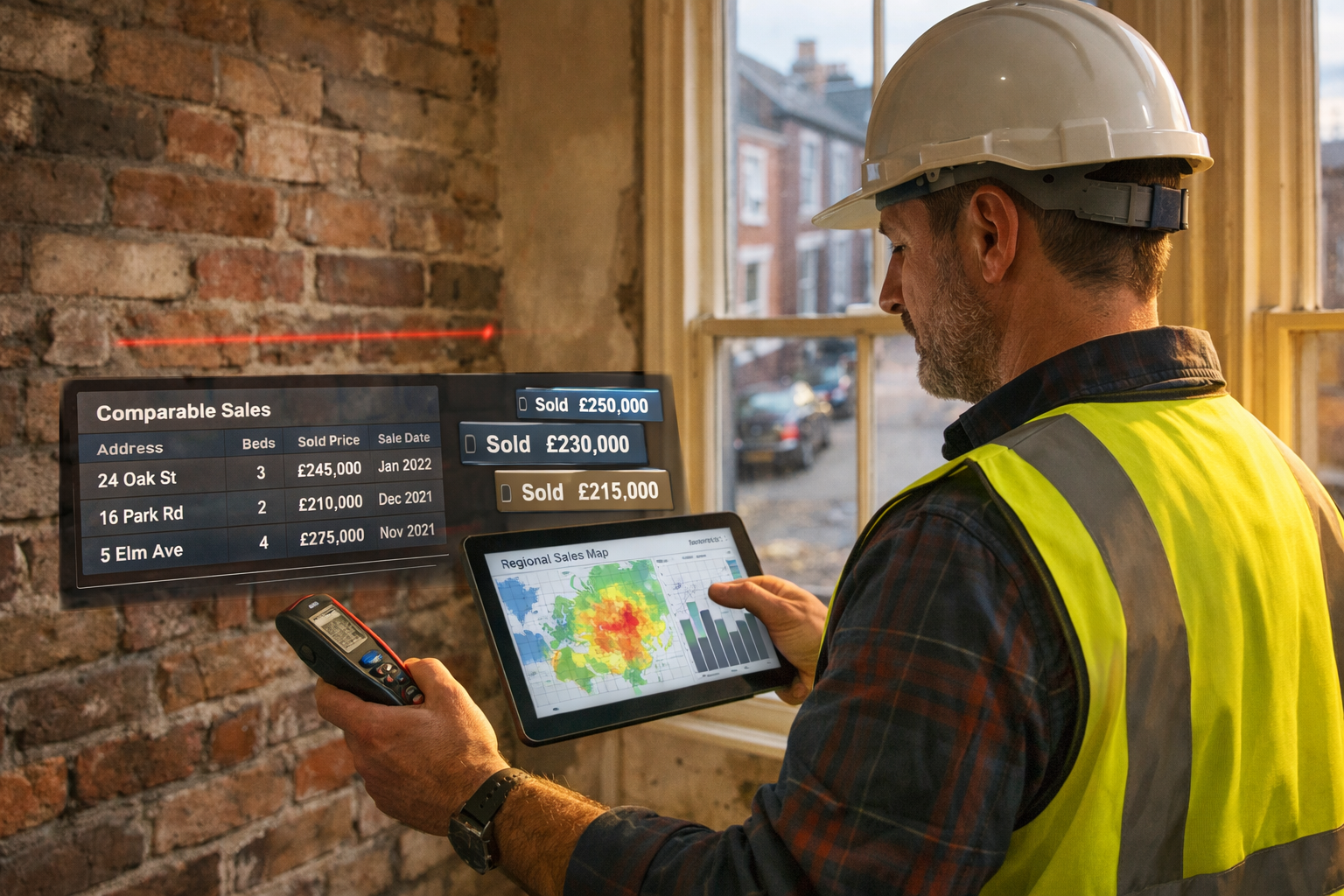 () showing a professional building surveyor in high-visibility vest and hard hat using a digital tablet and laser measuring
