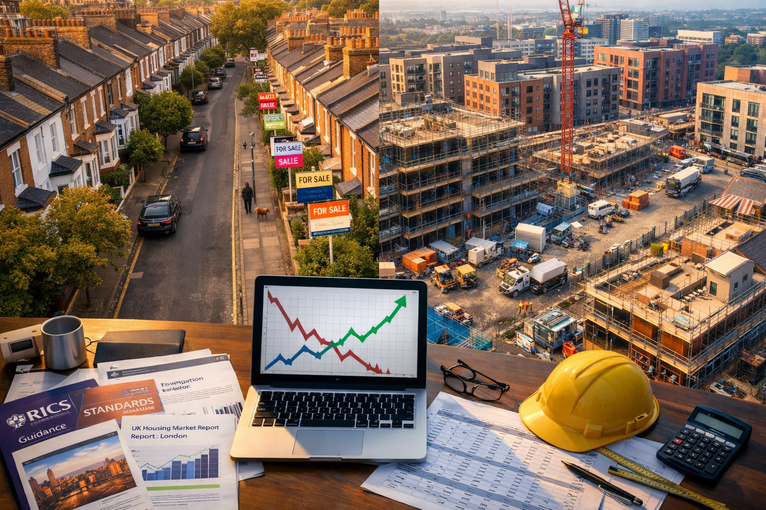 () aerial drone perspective looking down at contrasting UK property streetscapes: one side showing a quiet London