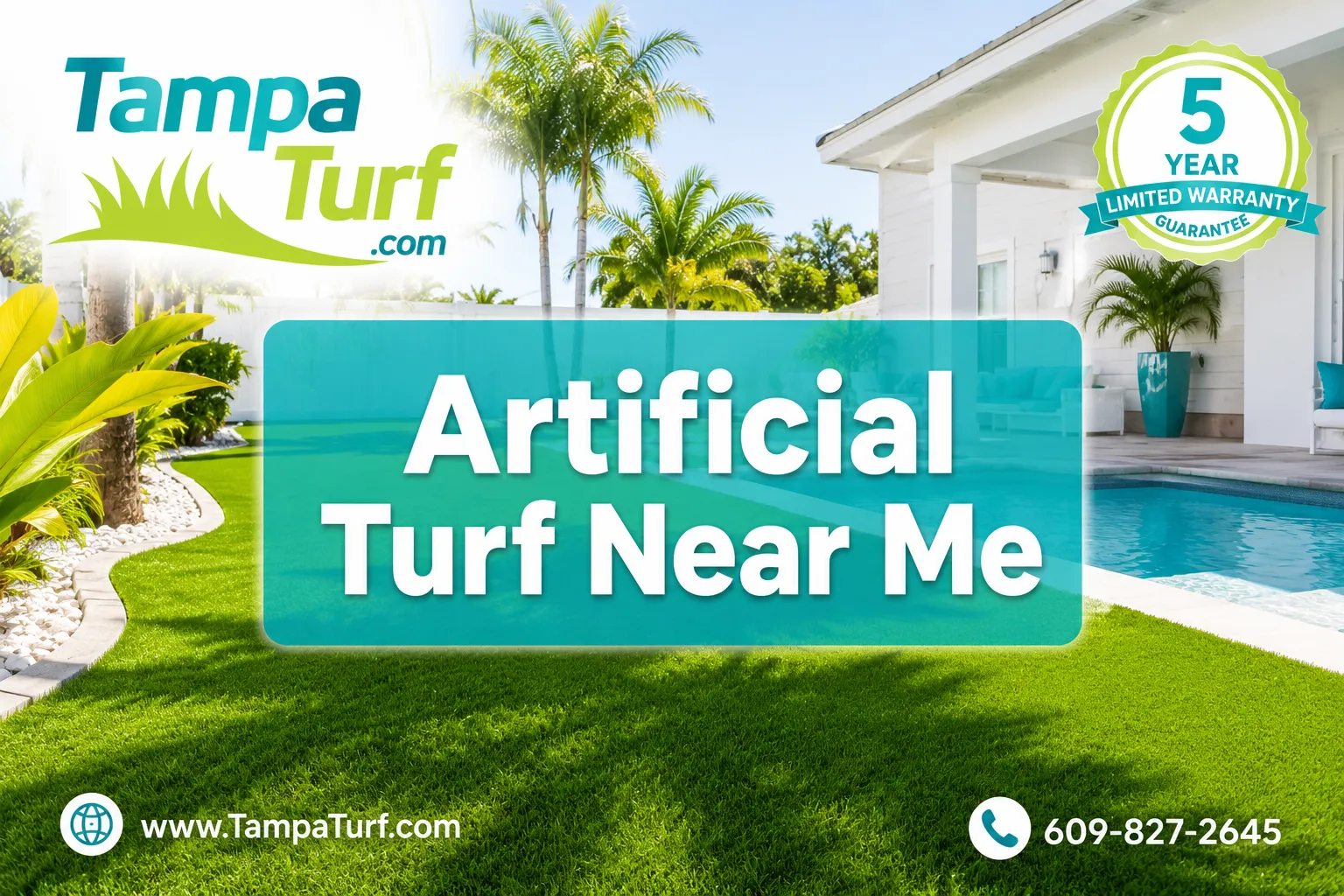 Professional () magazine-cover hero image with SHORT : 'Artificial Turf Near Me' in crisp white modern on a semi-transparent