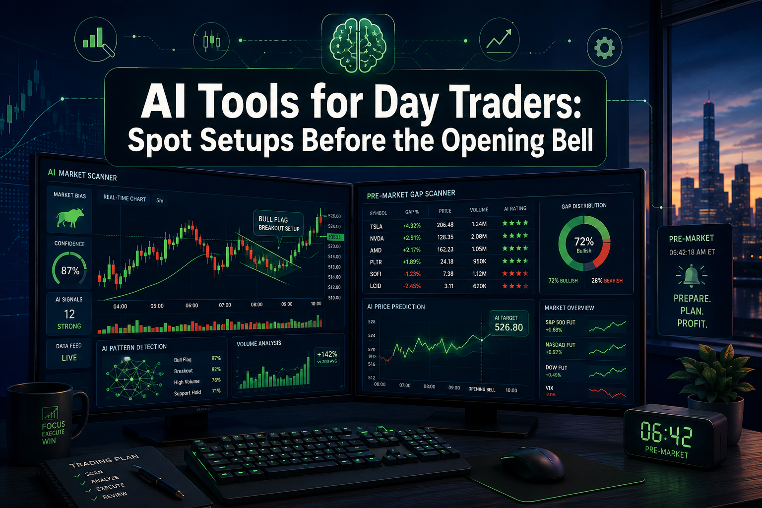 Professional () hero image with 'AI Tools for Day Traders: Spot Setups Before the Opening Bell' in extra large white with