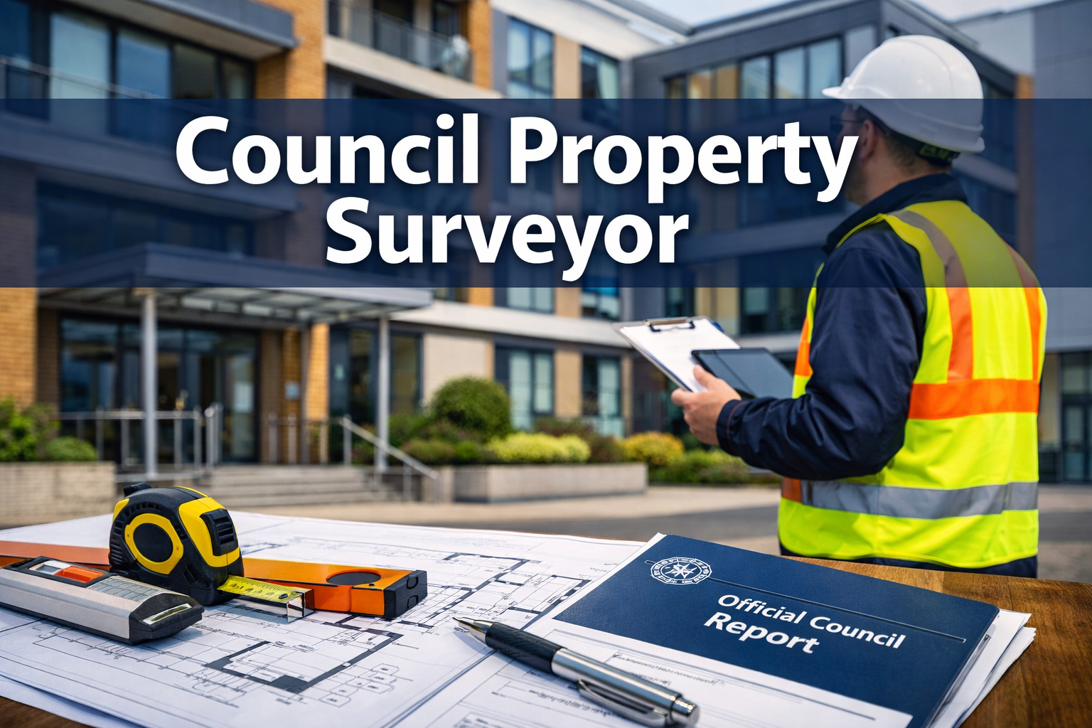 Professional landscape hero image (1536x1024) featuring bold text overlay 'Council Property Surveyor' in extra large 72pt white sans-serif f