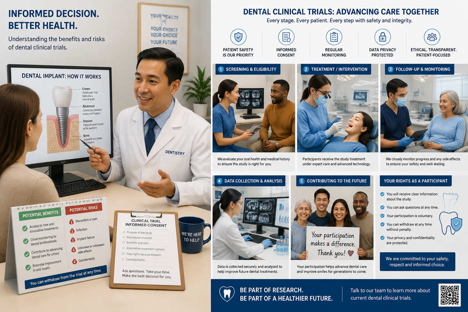 Detailed () image featuring a split composition. One side illustrates a patient consultation with a compassionate dentist,