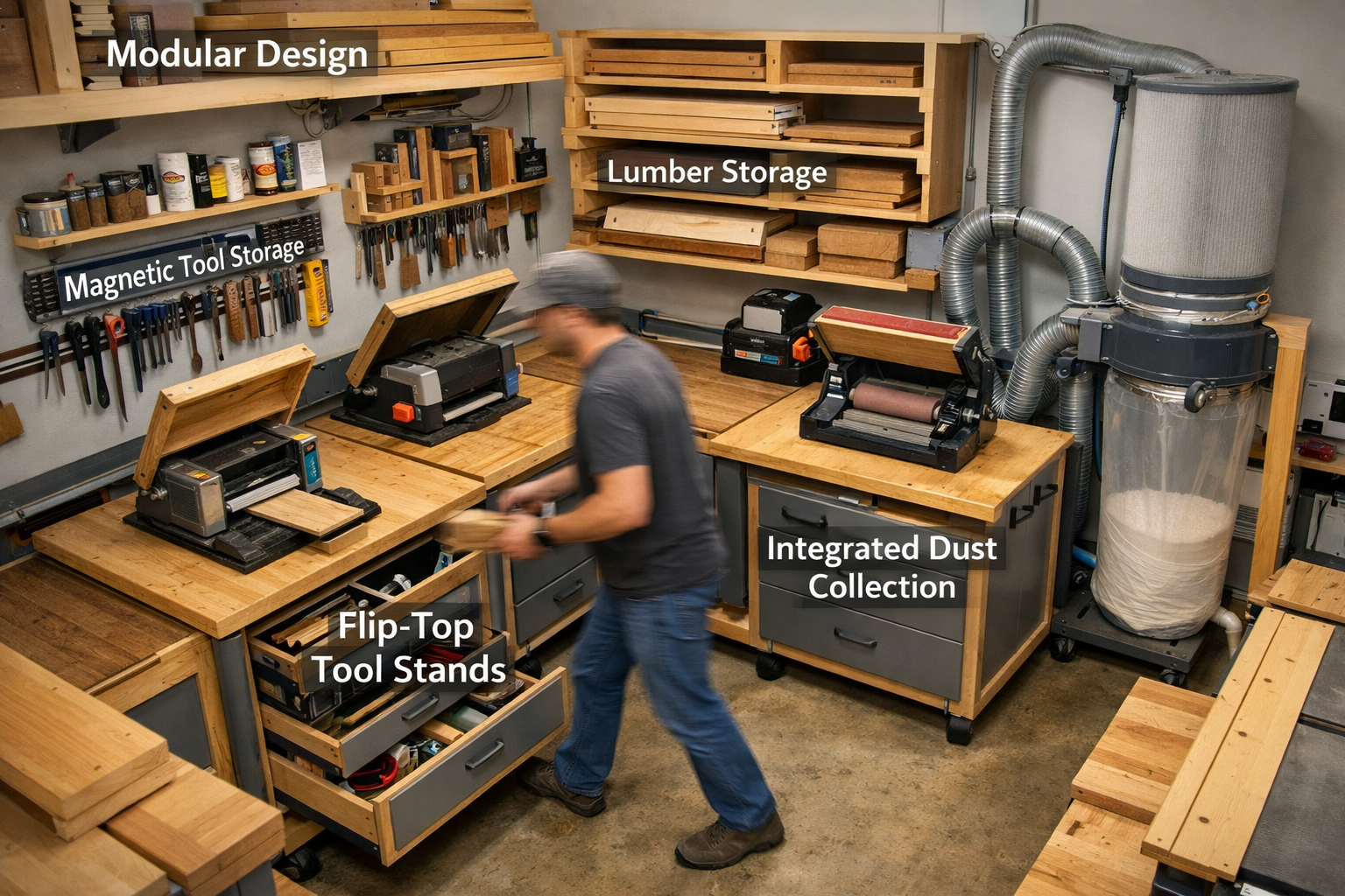 Detailed () image showing a small, impeccably organized woodworking workshop from a slightly elevated perspective. The focus