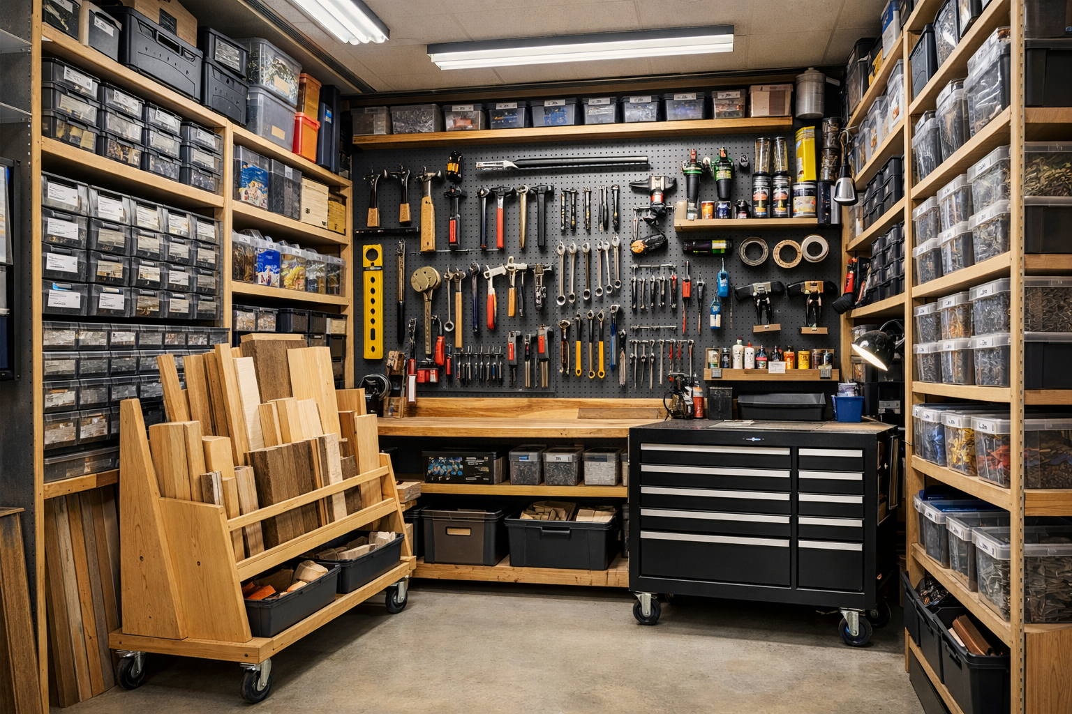 Detailed () image showcasing innovative storage solutions within a small workshop. The visual emphasizes verticality, with