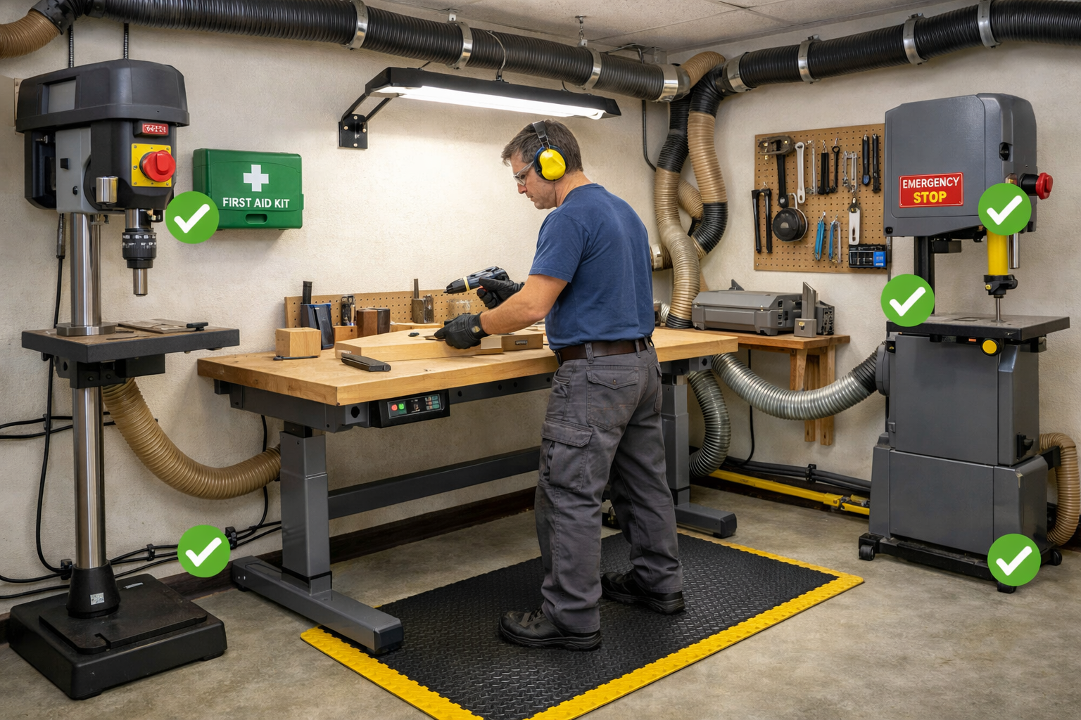 Detailed () image illustrating a small workshop's safety and ergonomics best practices. The central element is an ergonomic