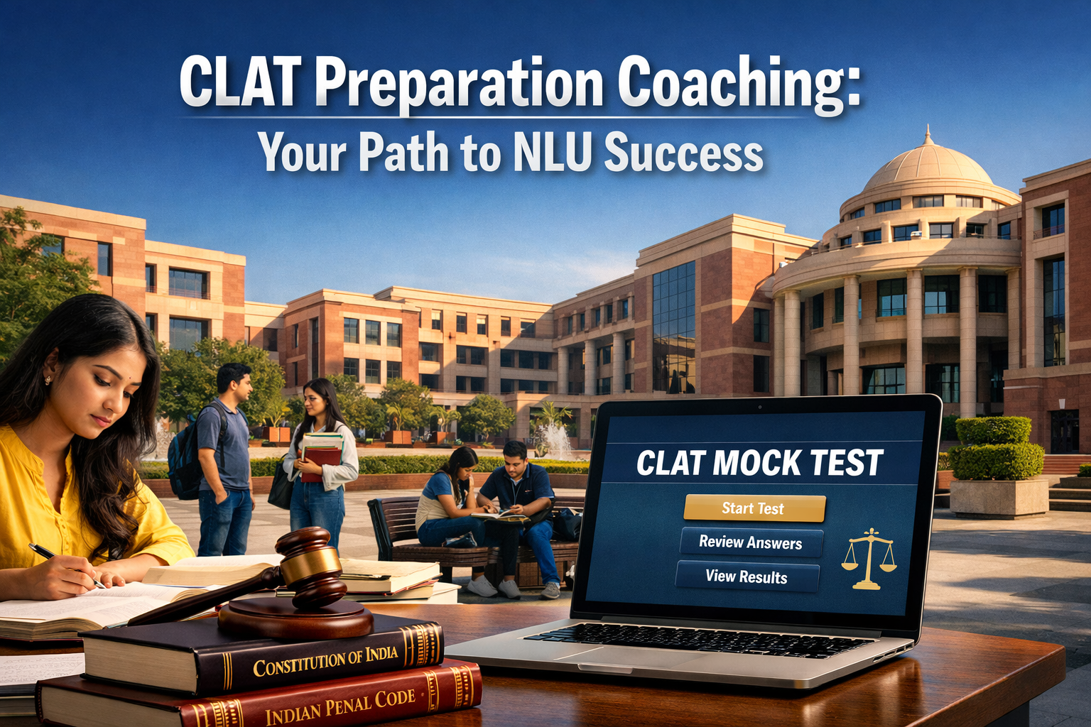 Professional landscape hero image (1536x1024) featuring bold text overlay 'CLAT Preparation Coaching: Your Path to NLU Success' in extra lar