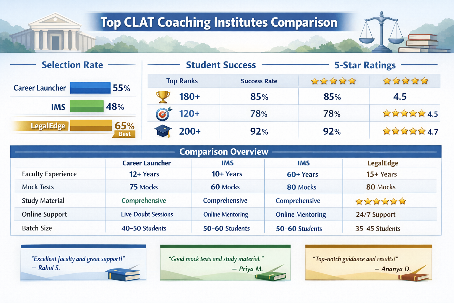 Detailed landscape infographic (1536x1024) comparing top CLAT coaching institutes with visual data bars showing selection rates, student suc