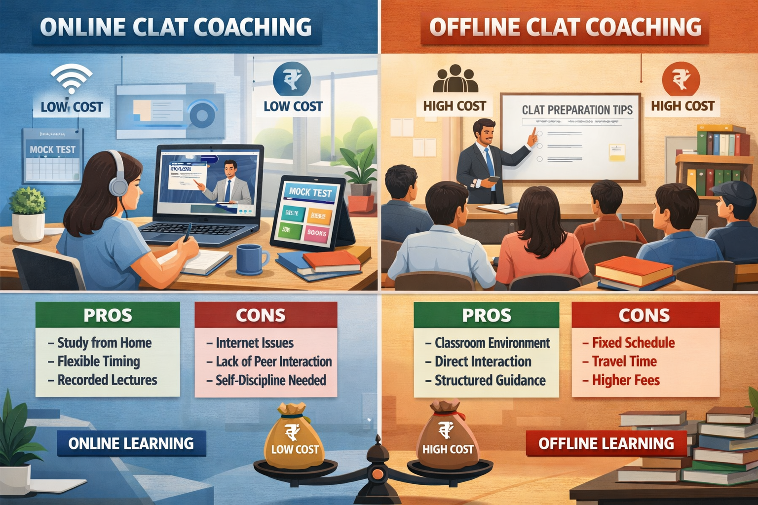Comprehensive visual guide (1536x1024) illustrating online versus offline CLAT coaching comparison with split-screen design. Left side shows