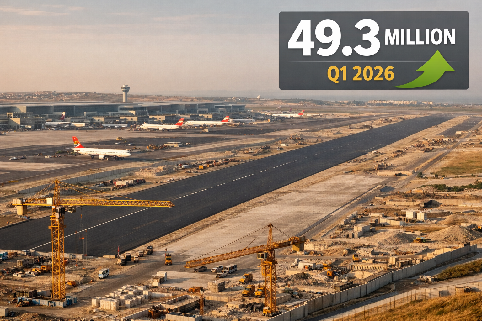 Flight Routes and Airspace Updates for Turkey 2026: Navigating New Terminals and Regional Tensions 1 Detailed () image showing Istanbul Airport's massive new fourth runway under construction from an elevated perspective, with