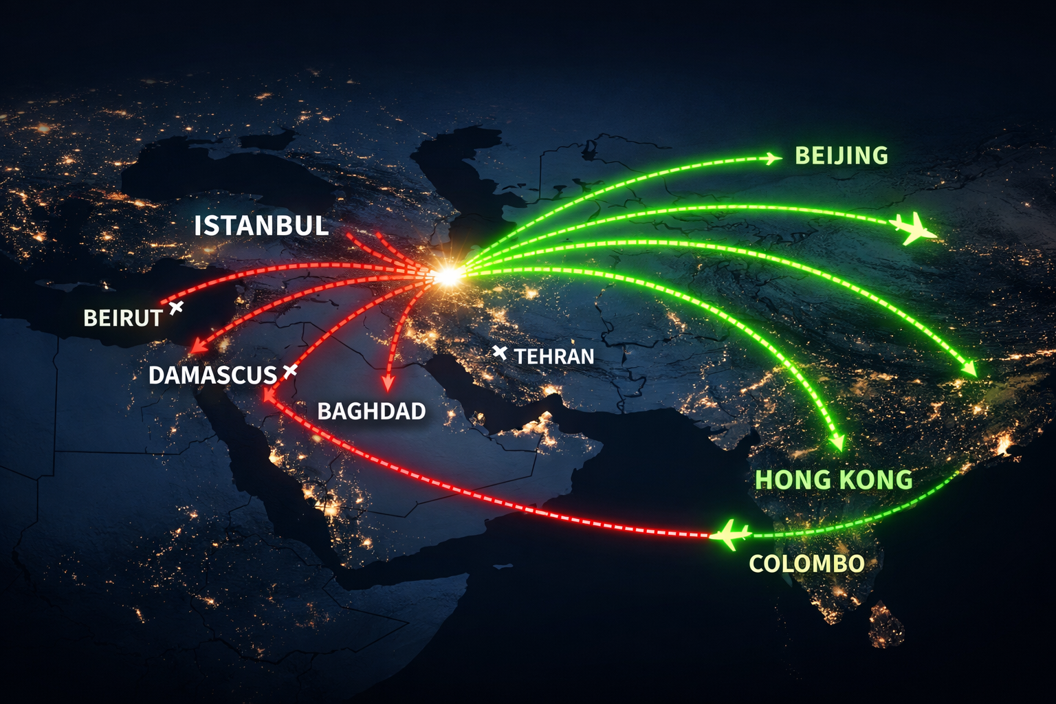 Flight Routes and Airspace Updates for Turkey 2026: Navigating New Terminals and Regional Tensions 2 () infographic-style editorial image showing a stylized map of Turkey and the Middle East with glowing flight route lines