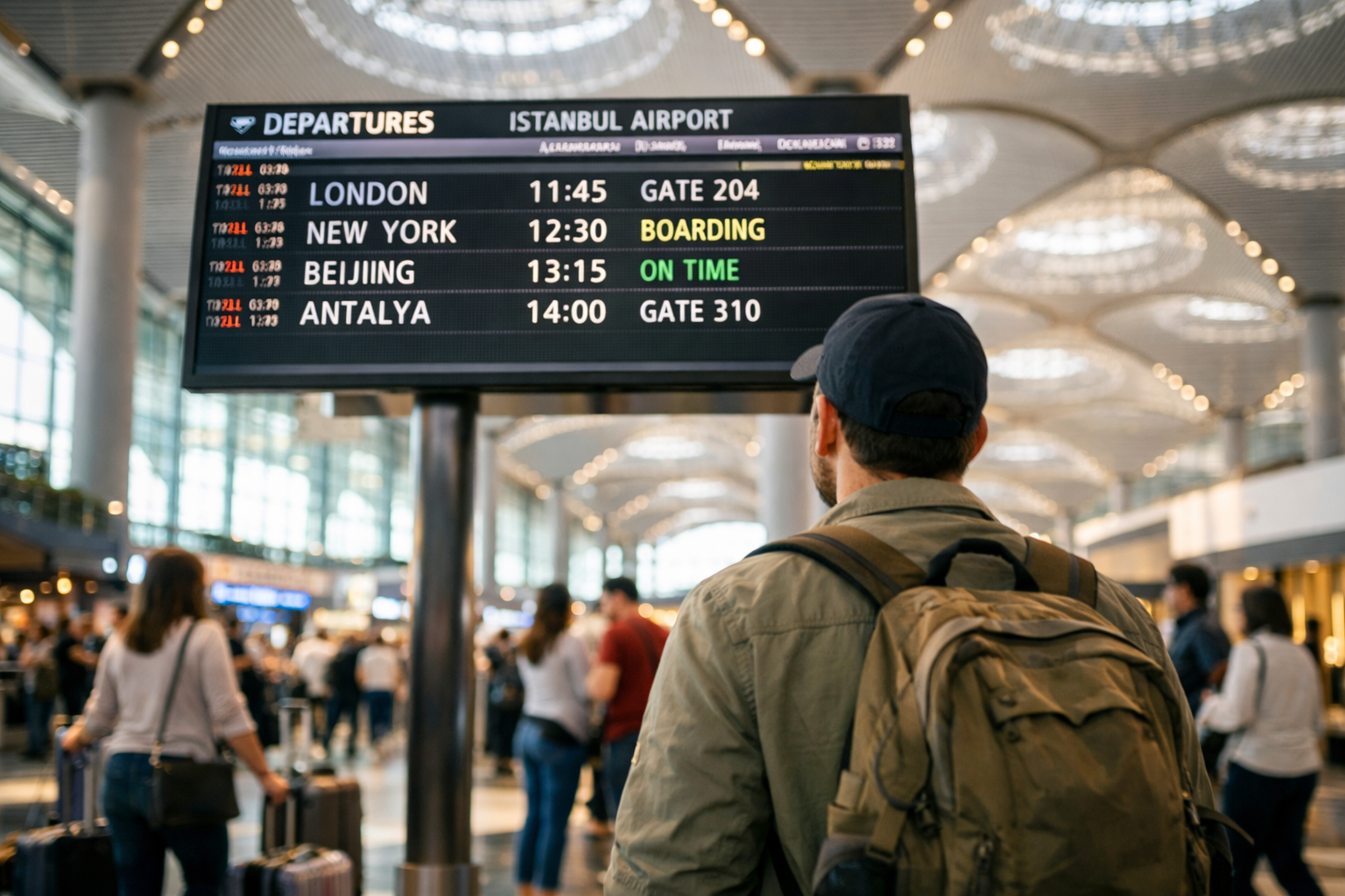 Flight Routes and Airspace Updates for Turkey 2026: Navigating New Terminals and Regional Tensions 3 () image of a traveler checking a departure board at Istanbul Airport's modern terminal interior, with bright natural light