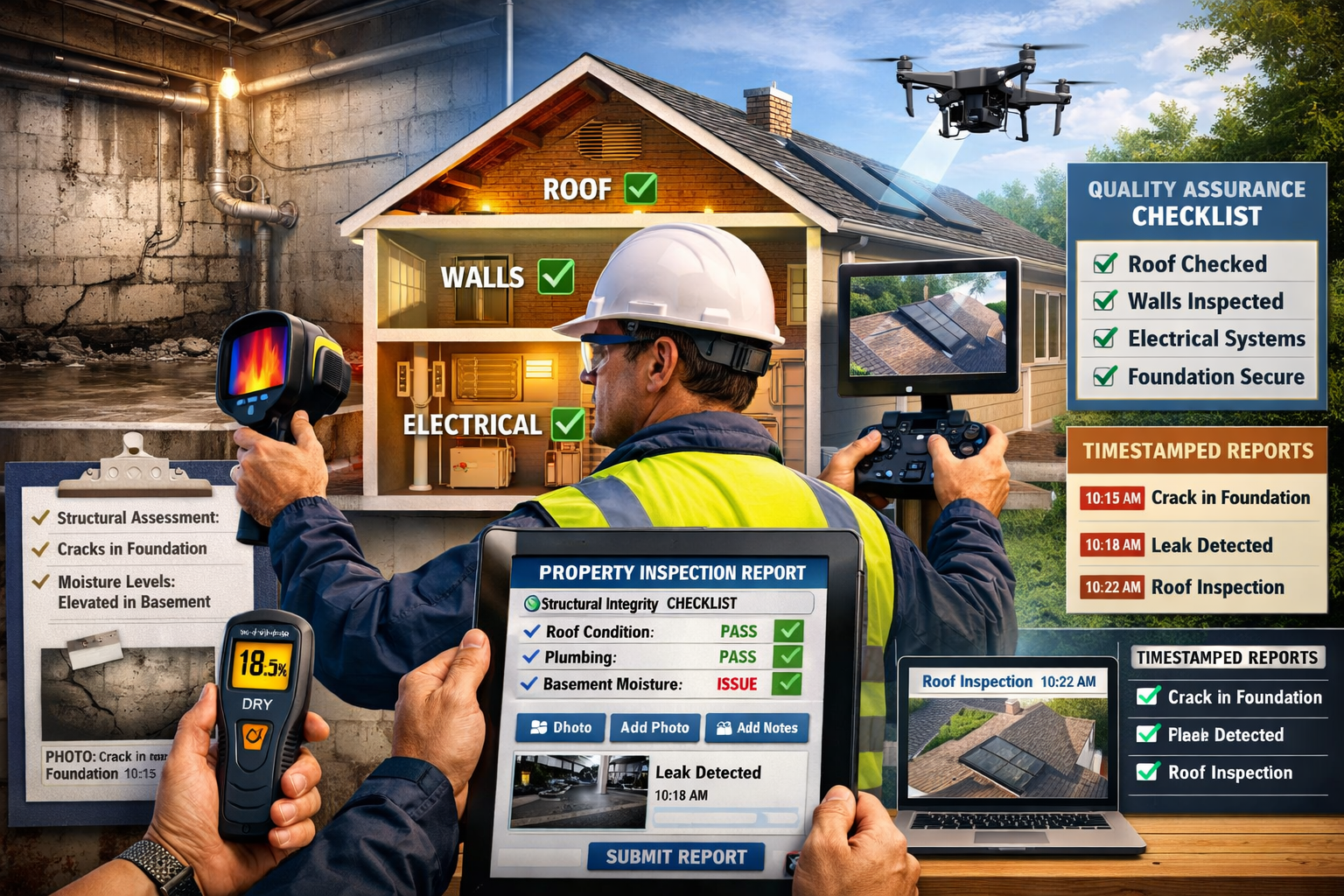 Detailed () image depicting modern building surveyor conducting comprehensive property inspection using advanced technology.
