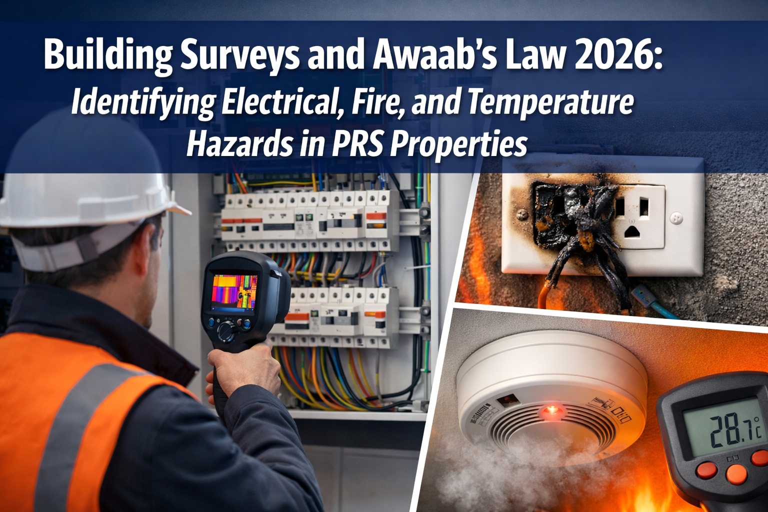 Professional () hero image featuring 'Building Surveys and Awaab's Law 2026: Identifying Electrical, Fire, and Temperature
