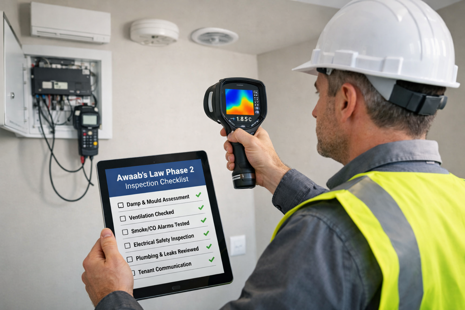 Detailed () image showing professional building surveyor conducting comprehensive property inspection in private rental