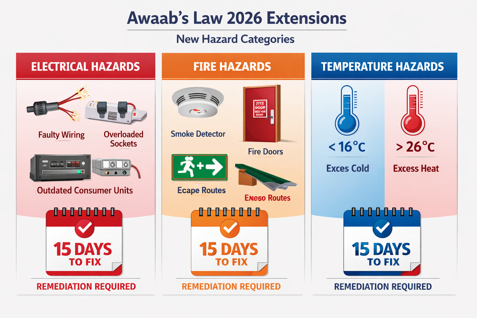 () detailed infographic-style image displaying three-column comparison chart of hazard categories under Awaab's Law 2026