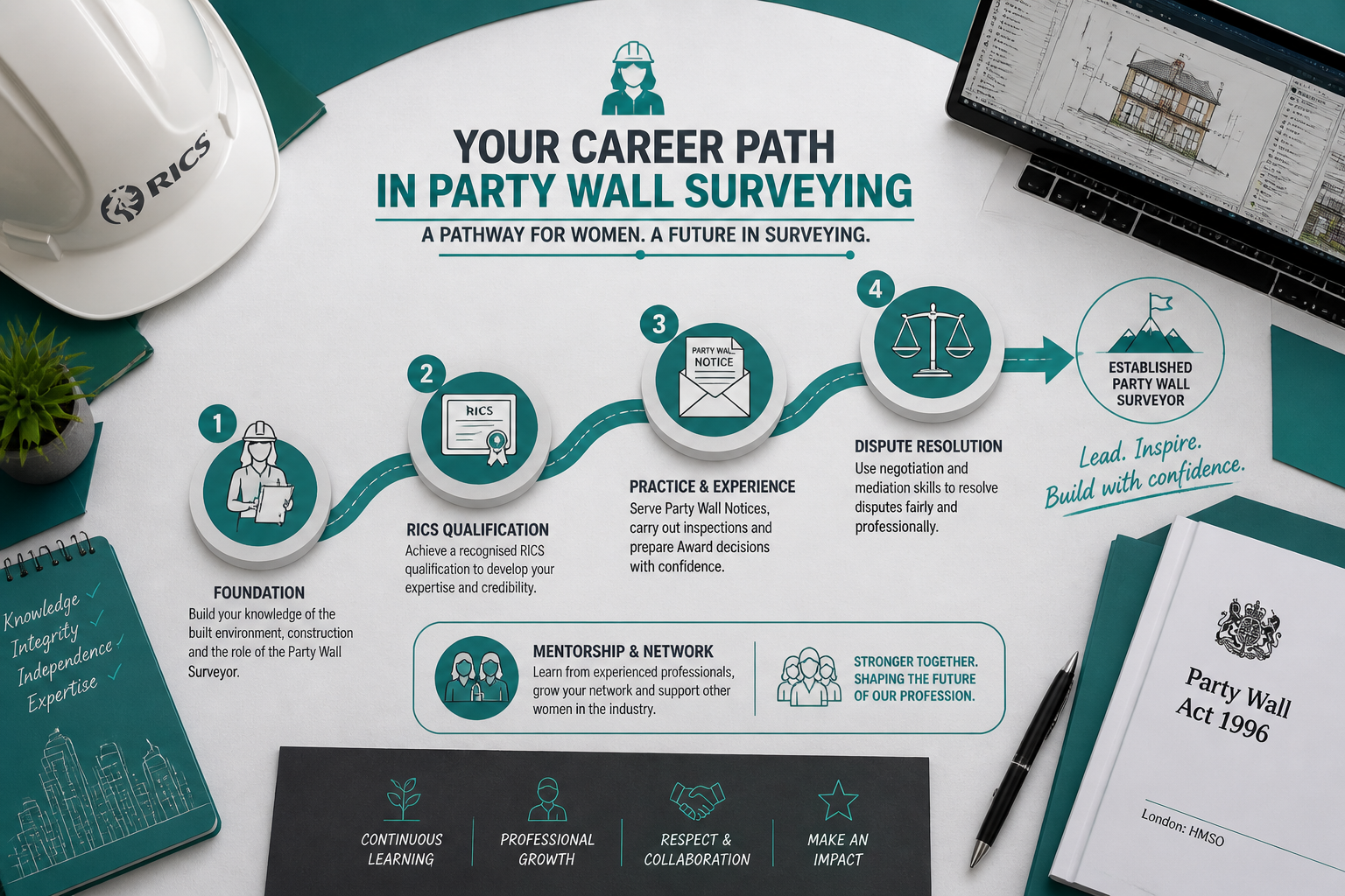 Overhead flat-lay infographic-style image showing a career pathway map for women entering party wall surveying: icons