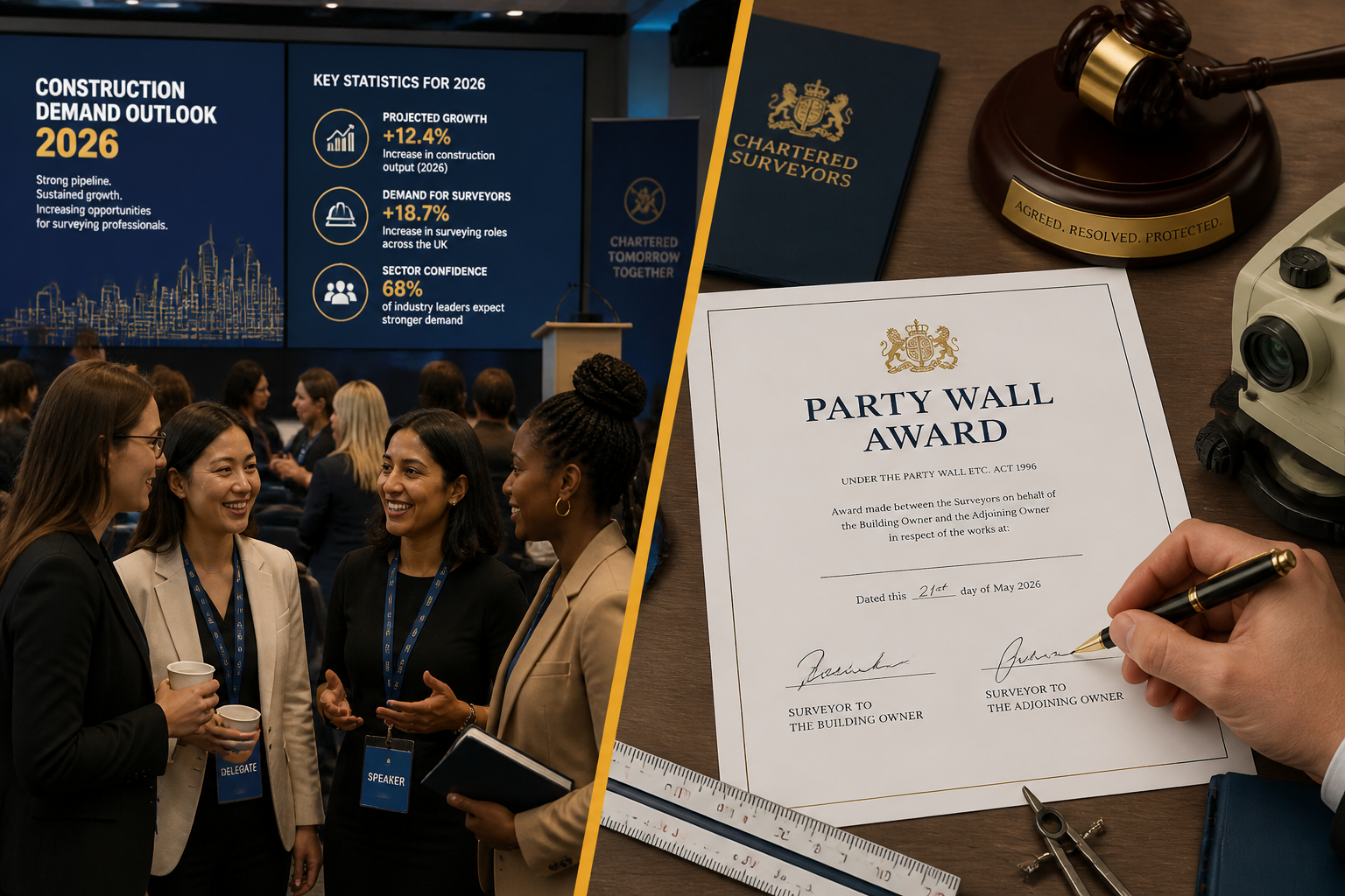 Split-screen editorial image: left side shows a diverse group of women at a professional surveying conference with name