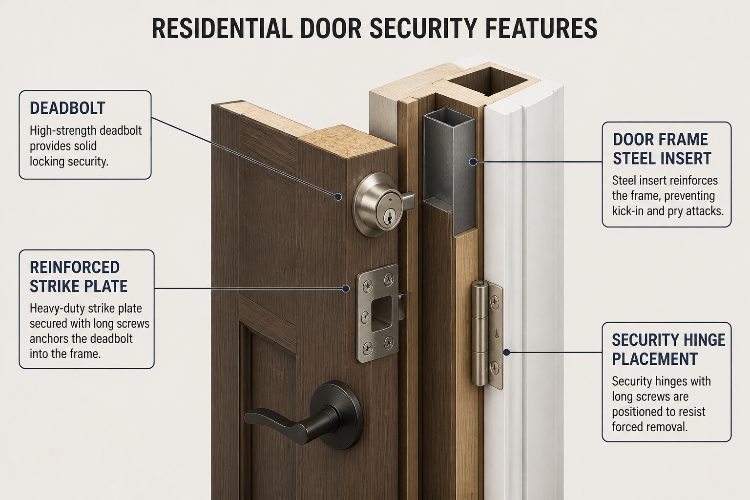 Cross-section infographic of a residential door showing reinforced strike plate, deadbolt, door frame steel insert, and