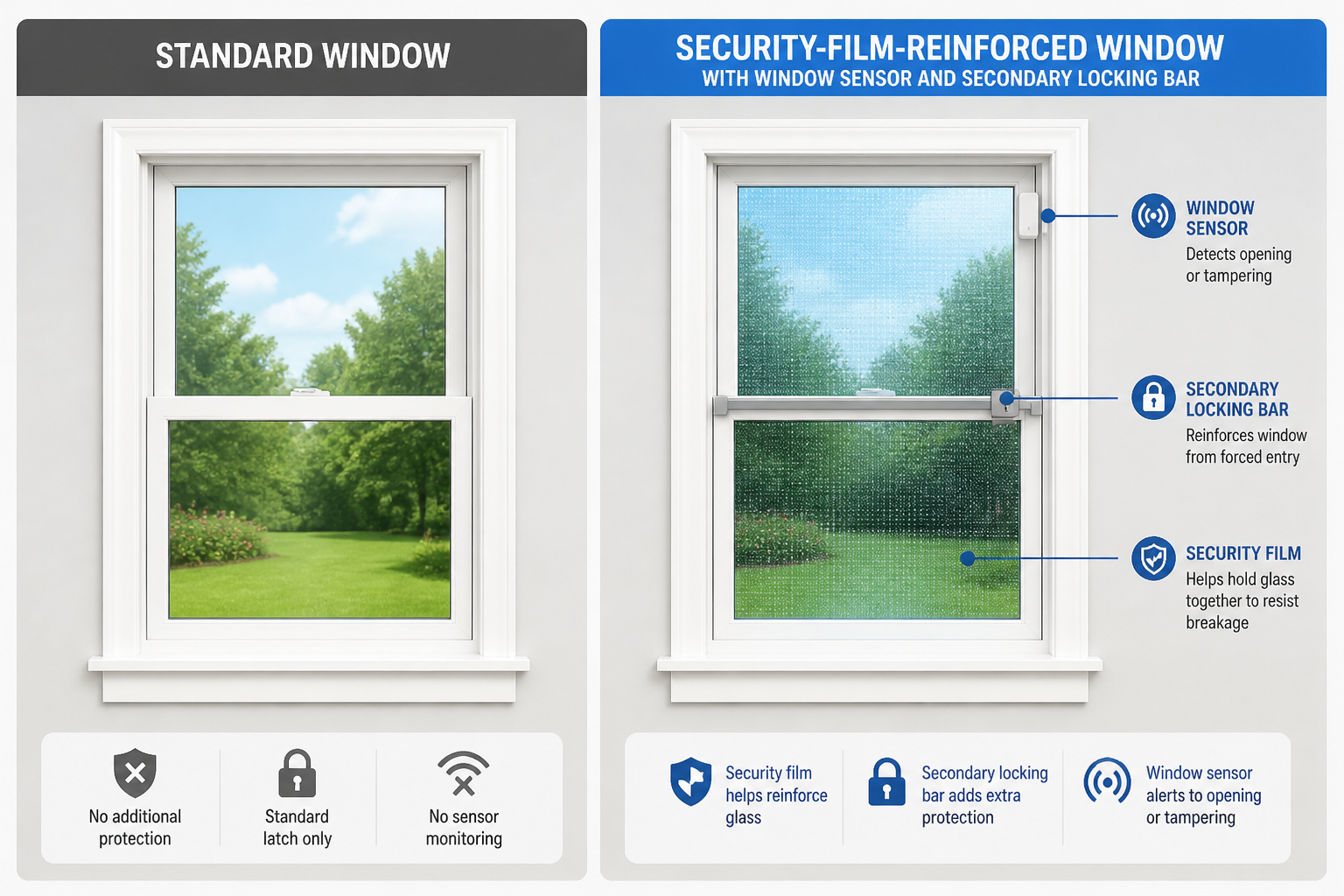 Side-by-side comparison diagram: standard window vs. security-film-reinforced window with window sensor and secondary