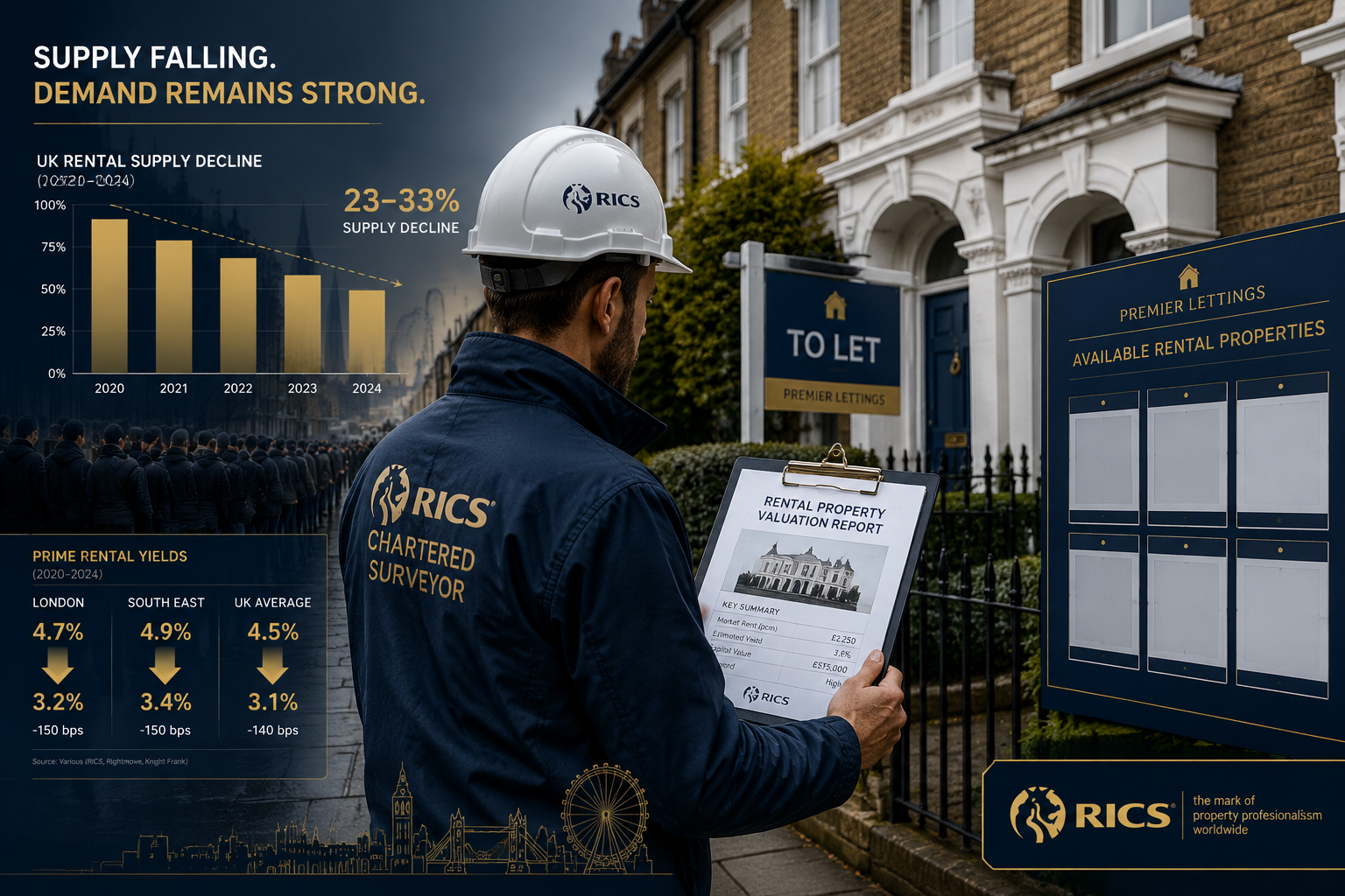 Wide-angle editorial illustration showing a RICS-certified surveyor in a hard hat reviewing a rental property valuation